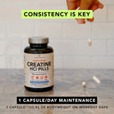 Lifestyle shot of AMANDEAN Creatine HCl capsules with fitness gear