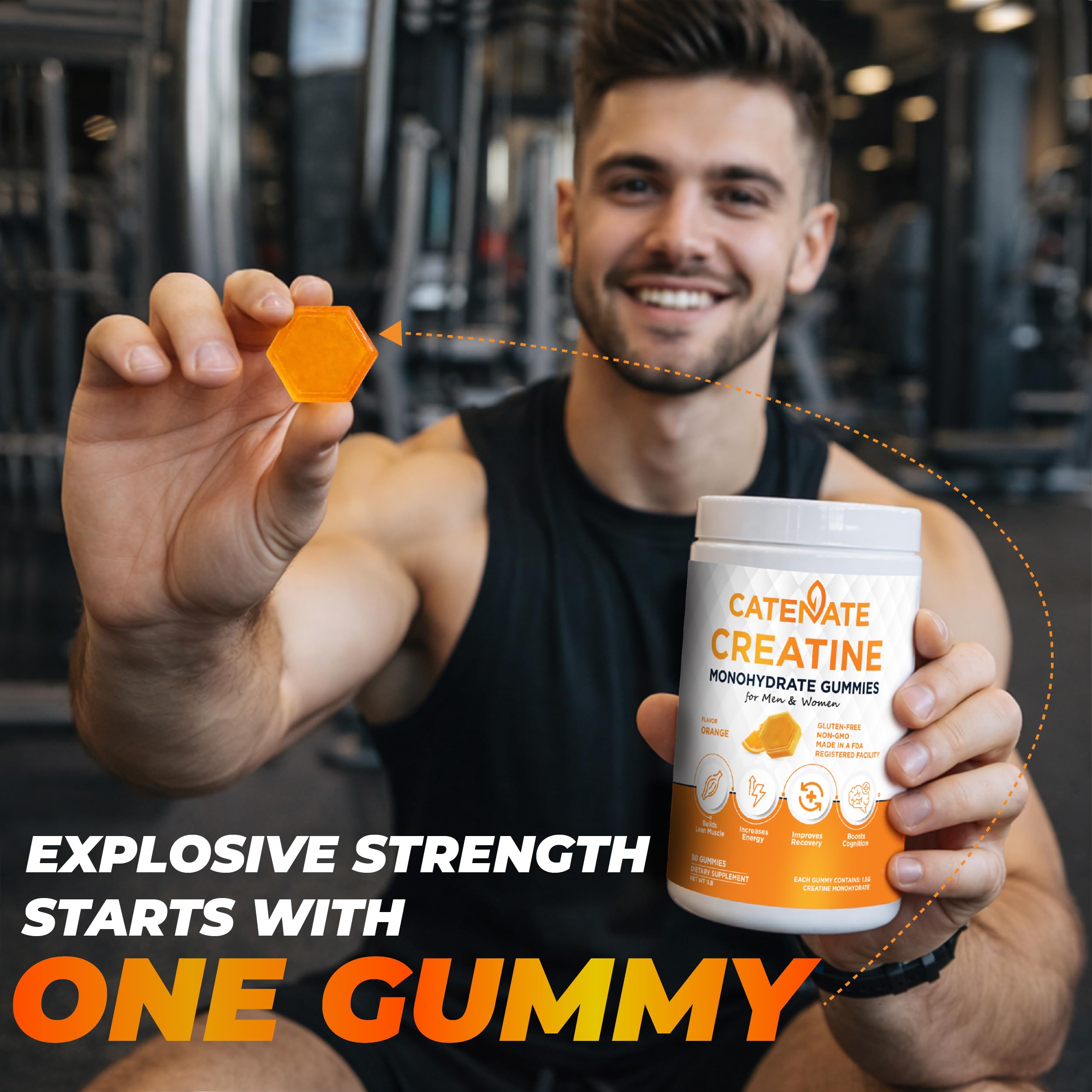 Lifestyle shot of CATENATE Creatine Gummies on a gym bench