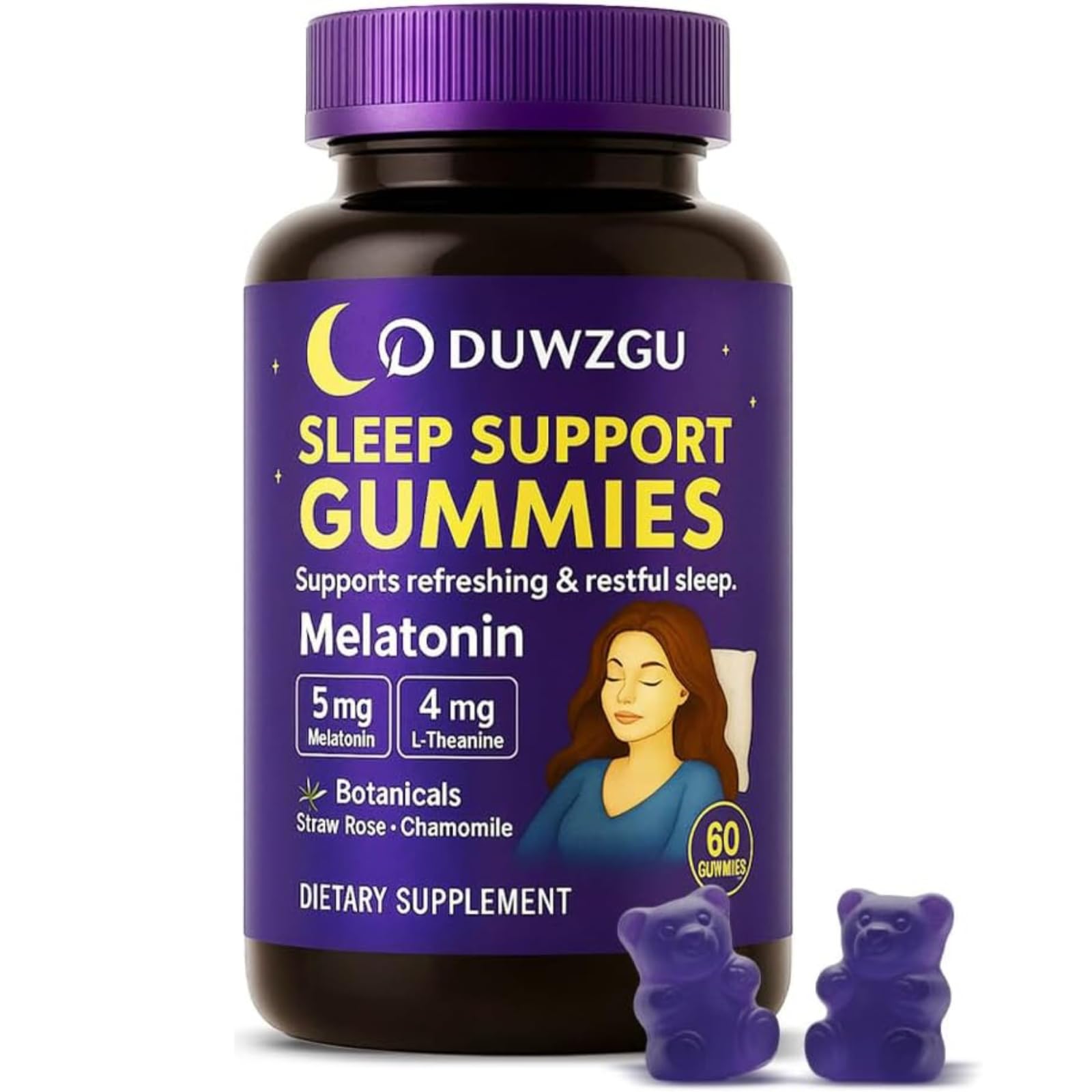 Lifestyle shot of DUWZGU Sleep Gummies on a nightstand