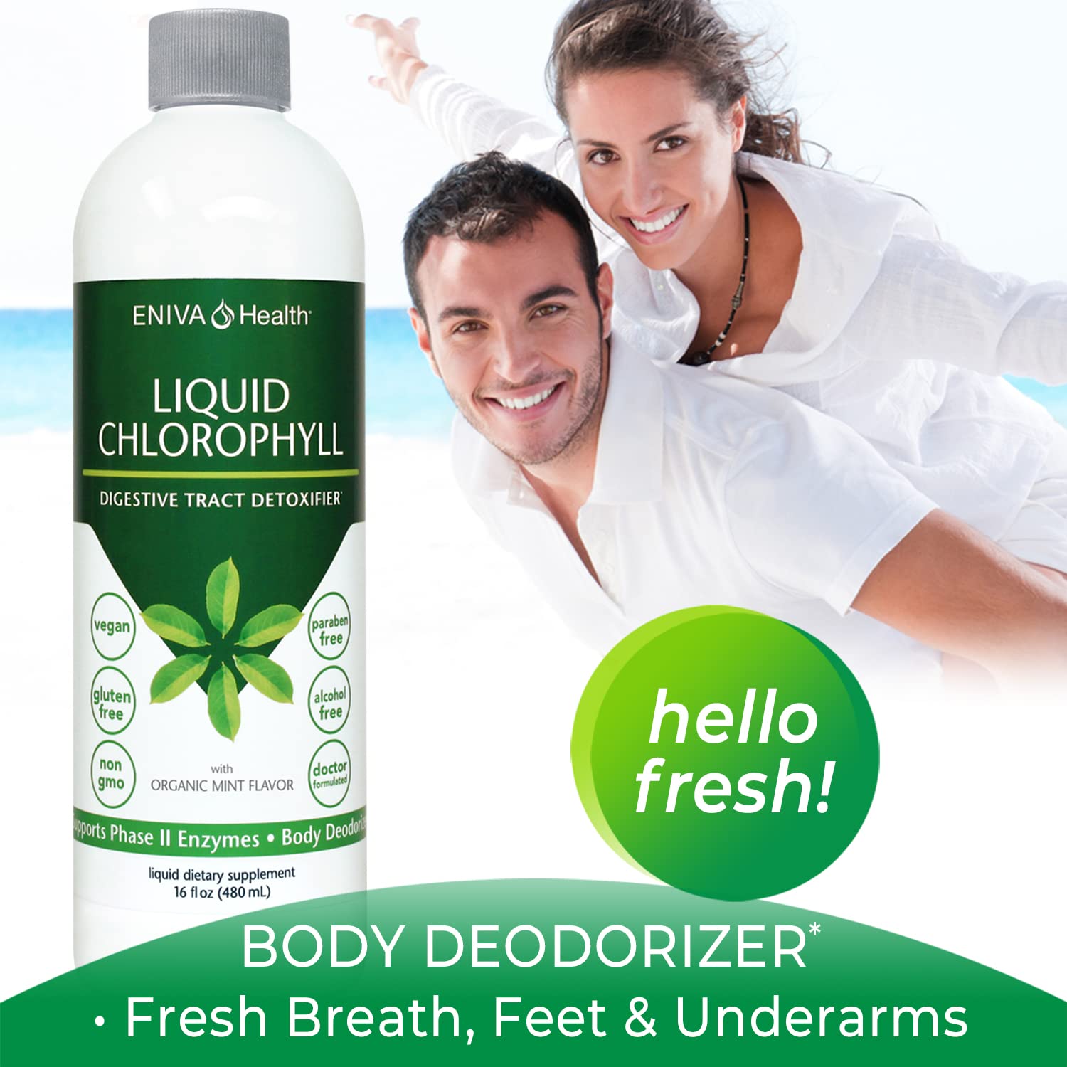 Lifestyle shot of Eniva Health Chlorophyll Supplement on a kitchen counter