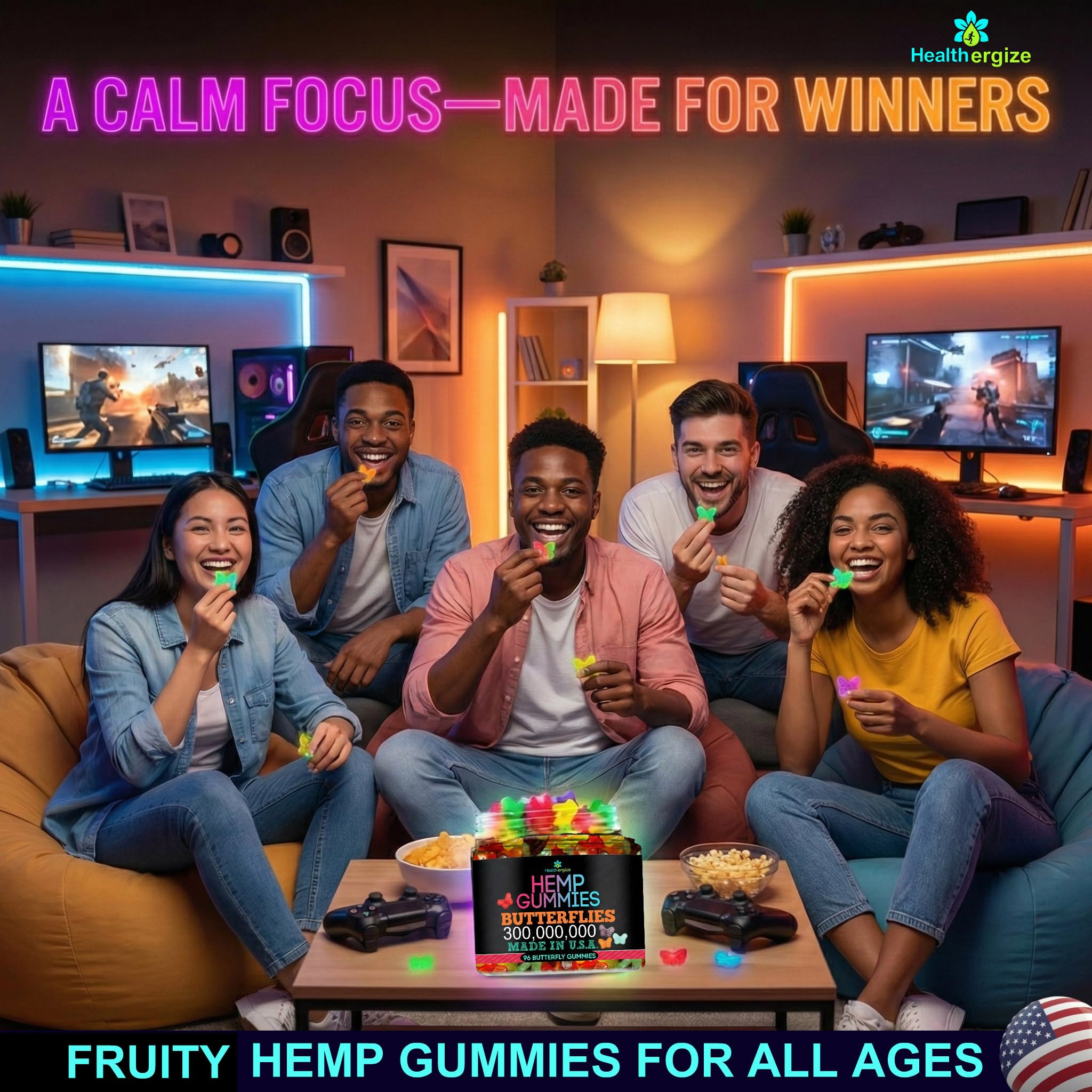 Lifestyle shot of Healthergize Hemp Gummies with a daily wellness setting
