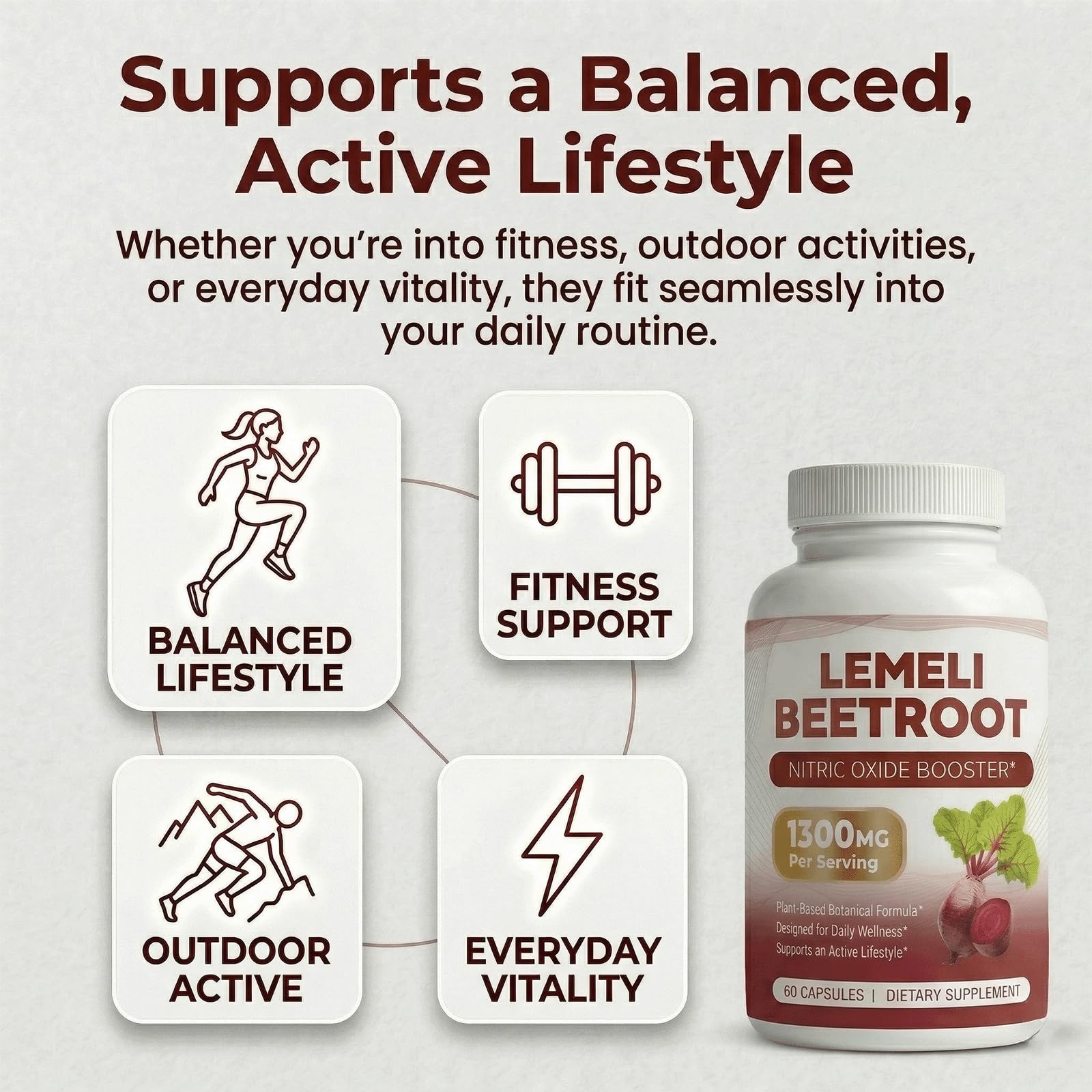 Lifestyle shot of LEMELI BEETROOT Beetroot Capsules on a kitchen counter