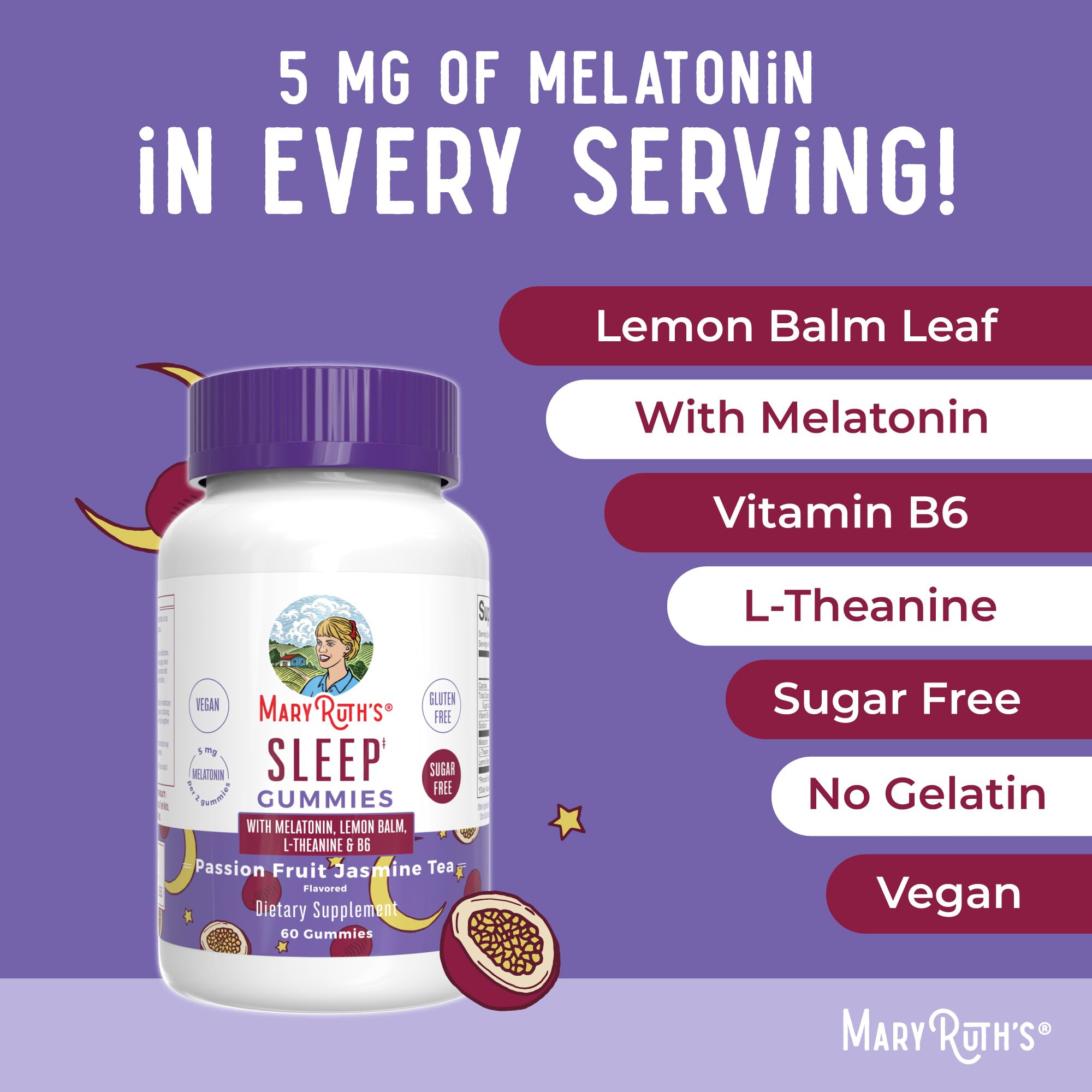 Lifestyle shot of MARYRUTH'S Melatonin 5mg Sleep Gummies next to a bedtime setting