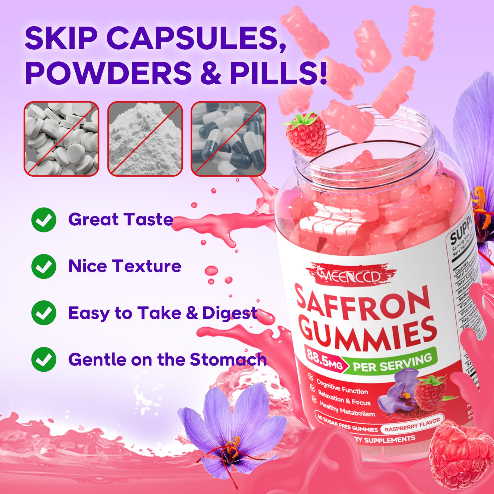 Lifestyle shot of MEENCCD Saffron Gummies with fresh raspberries