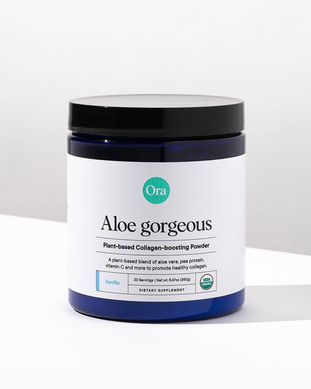 Lifestyle shot of Ora Organic Aloe Gorgeous on a kitchen counter