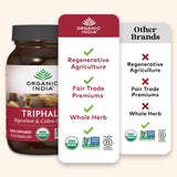 Lifestyle shot of ORGANIC INDIA Triphala capsules on a wooden table