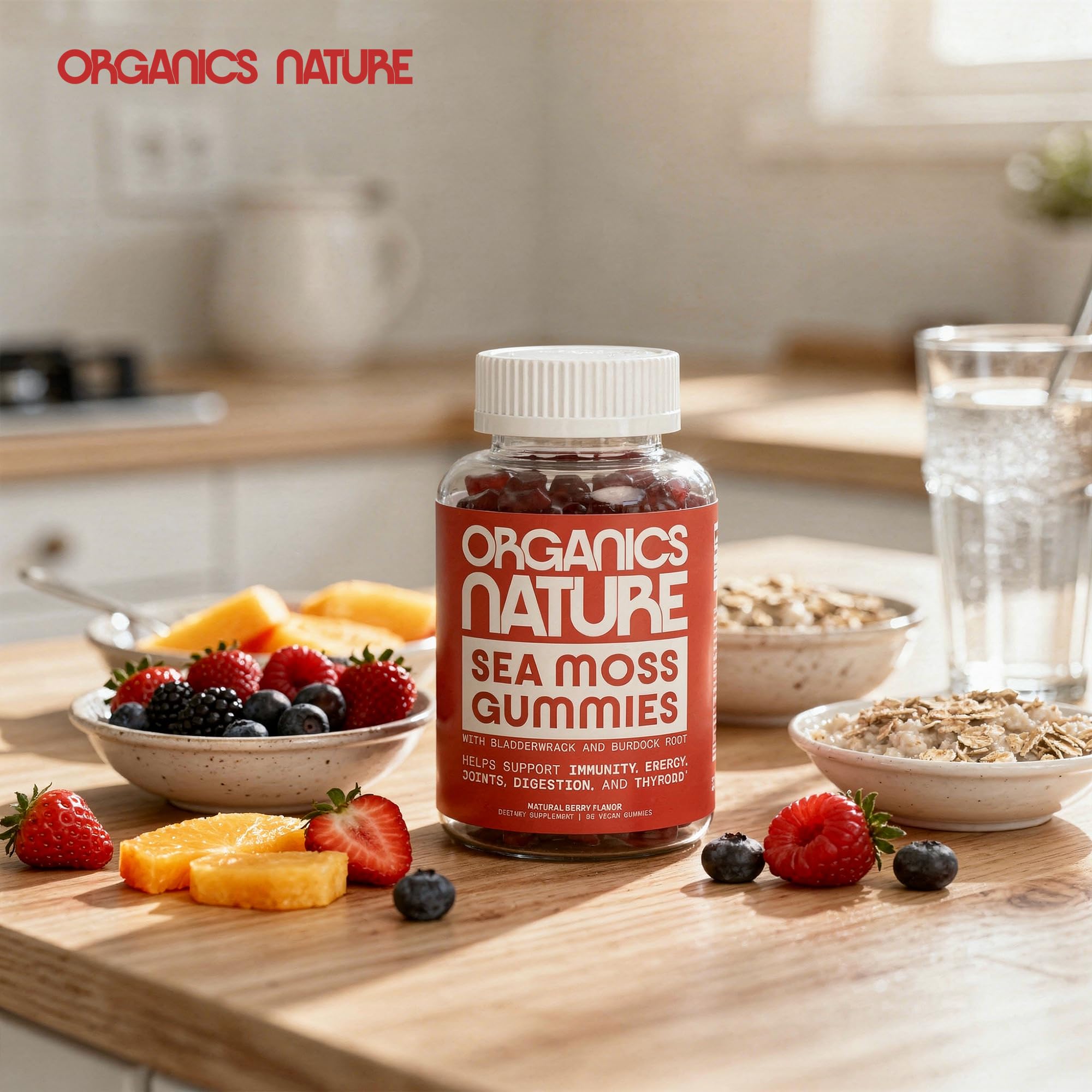 Lifestyle shot of ORGANICS NATURE Sea Moss Gummies with healthy snacks