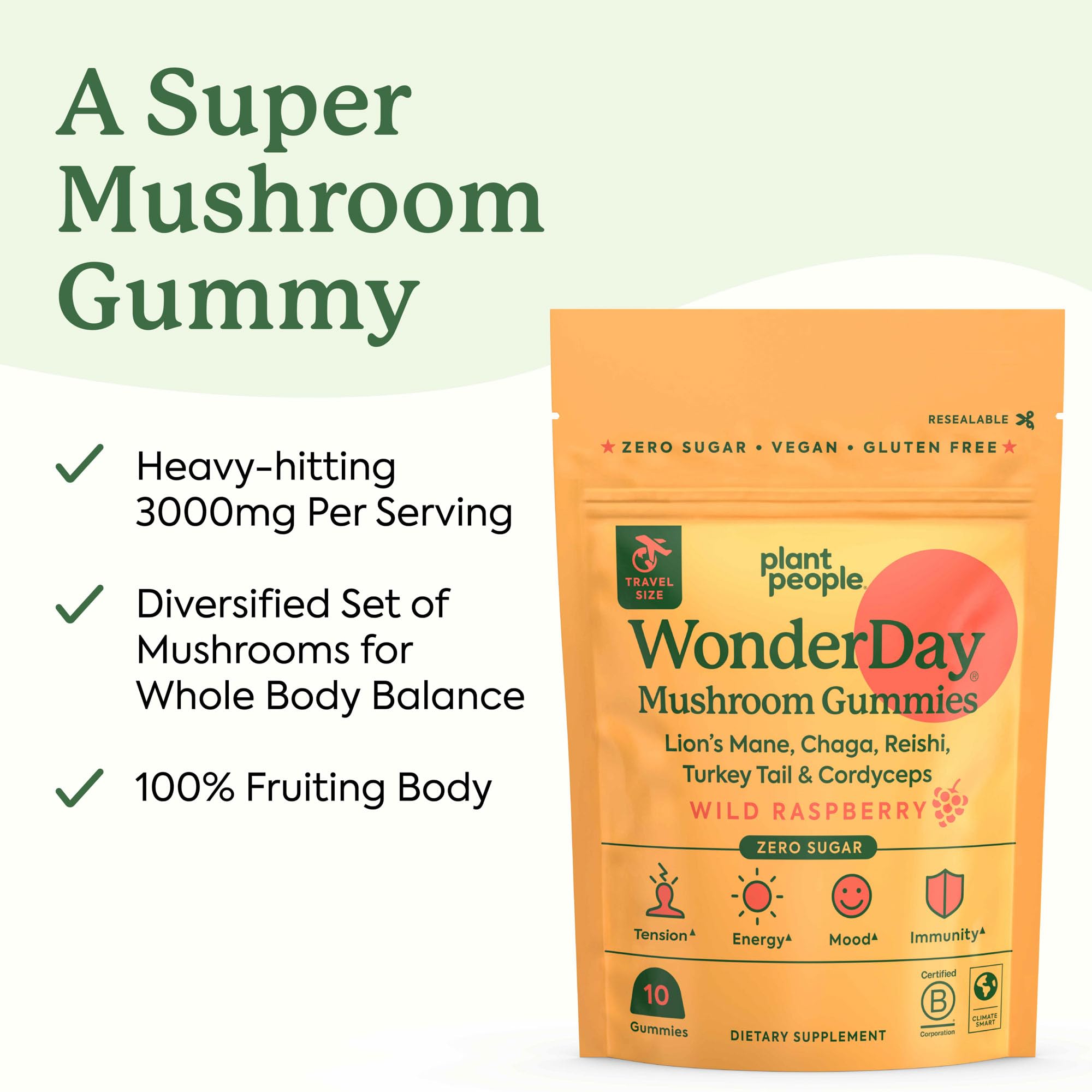 Lifestyle shot of Plant People WonderDay Gummy with fresh raspberries