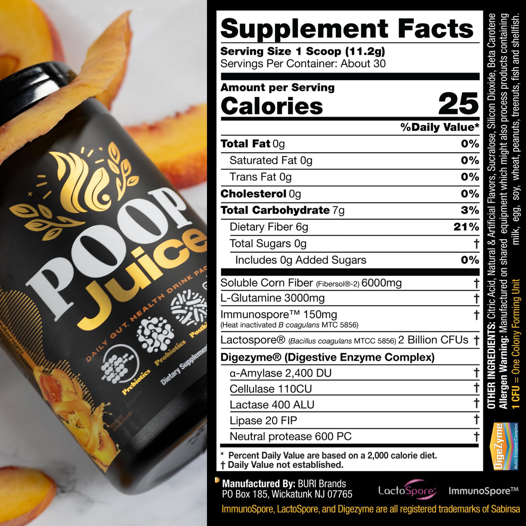 Lifestyle shot of Poop Juice Prebiotic Supplement on a kitchen counter