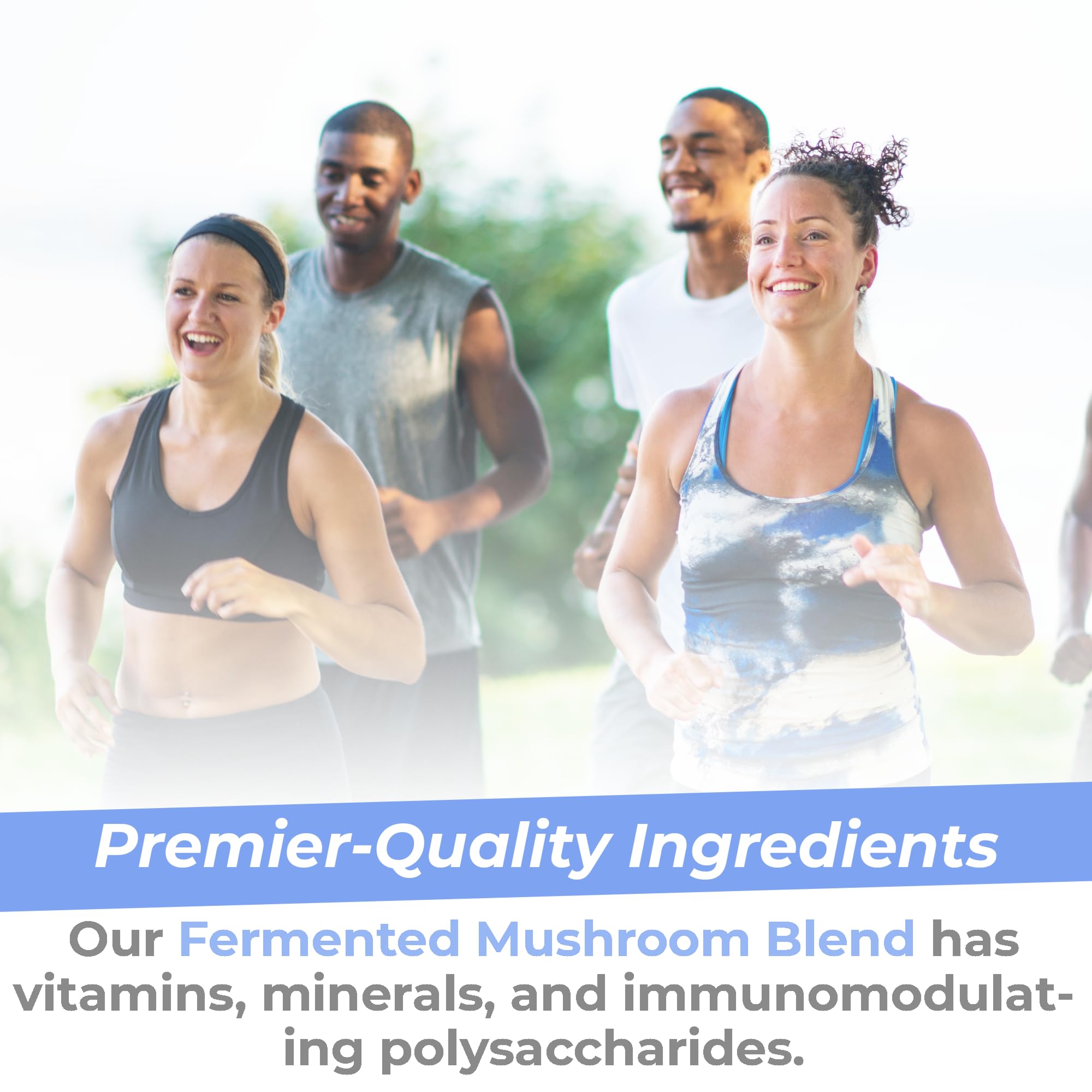 Lifestyle shot of Premier Research Labs Mushroom Complex in smoothie