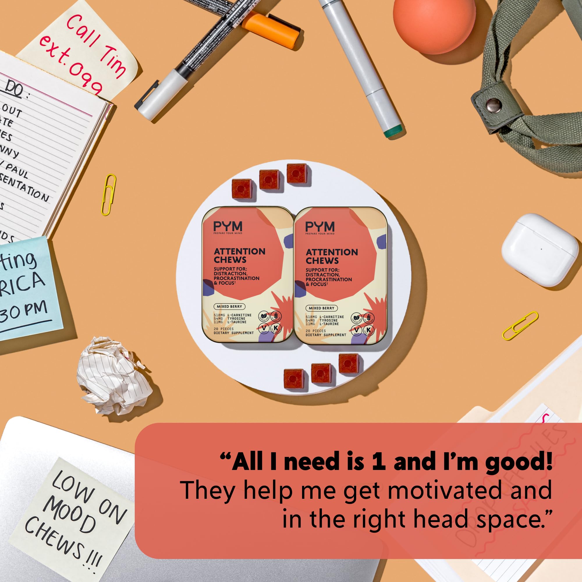 Lifestyle shot of PYM Health Attention Chews on a desk