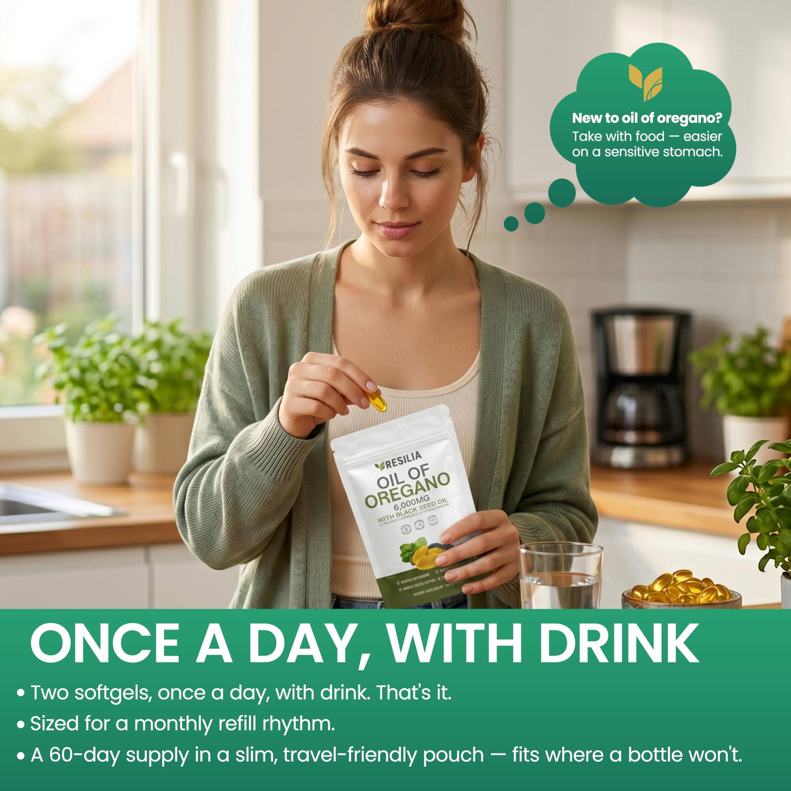 Lifestyle shot of Resilia Oil Of Oregano softgels
