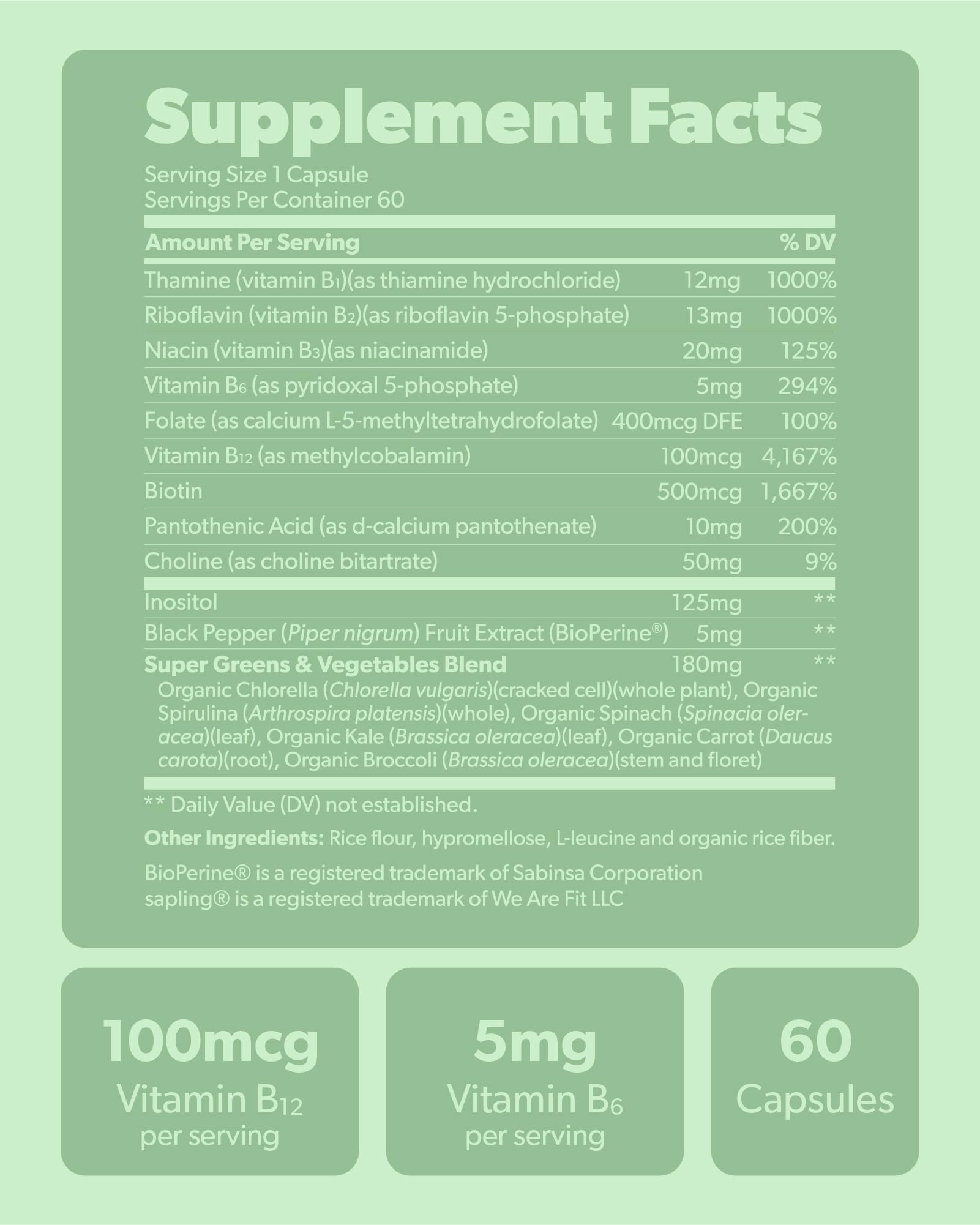 Lifestyle shot of Sapling Vitamin B Complex with fresh vegetables