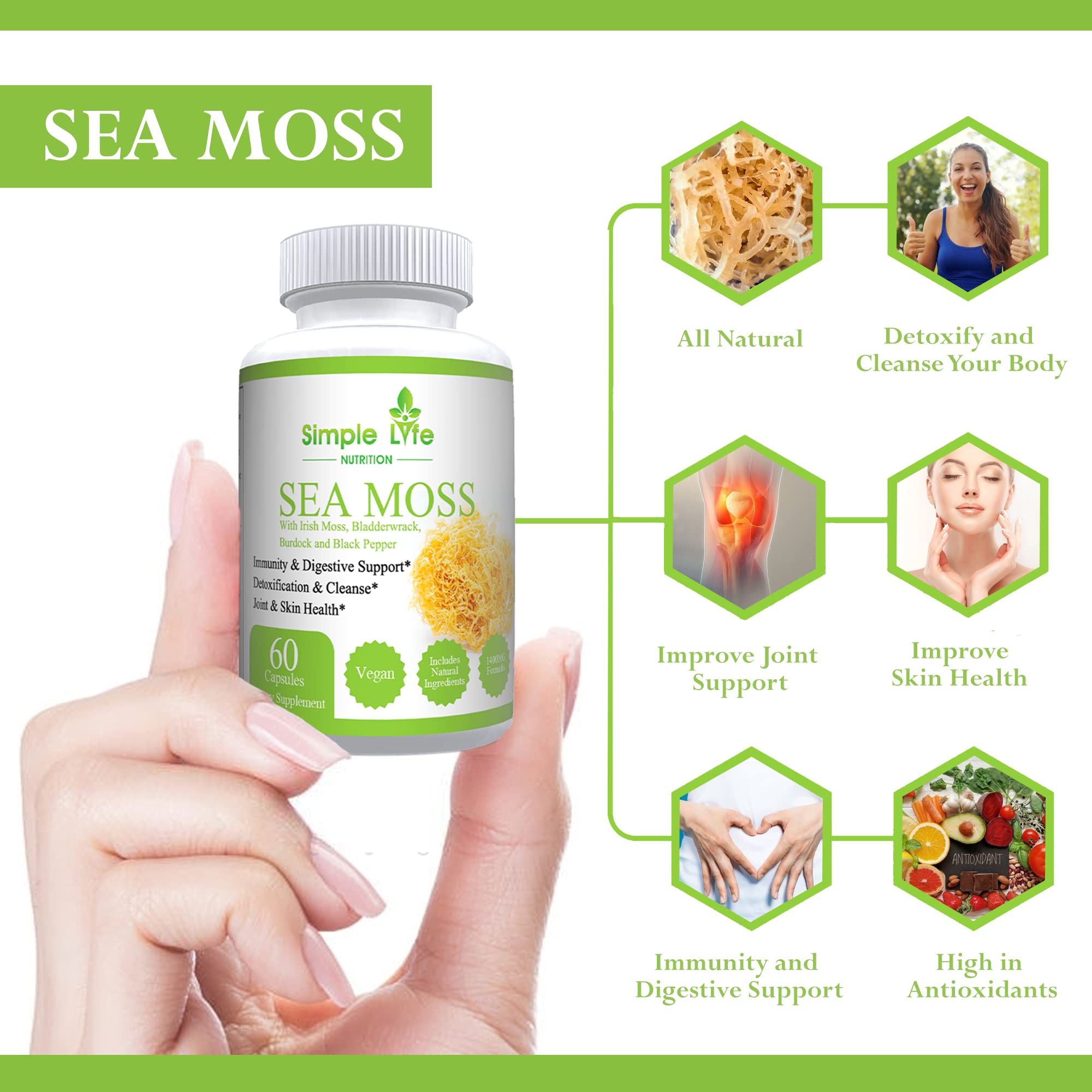 Lifestyle shot of Simple Life Nutrition Irish Sea Moss Capsules on a kitchen counter