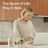 Lifestyle shot of Sports Research Collagen Peptides with Matcha on a kitchen counter
