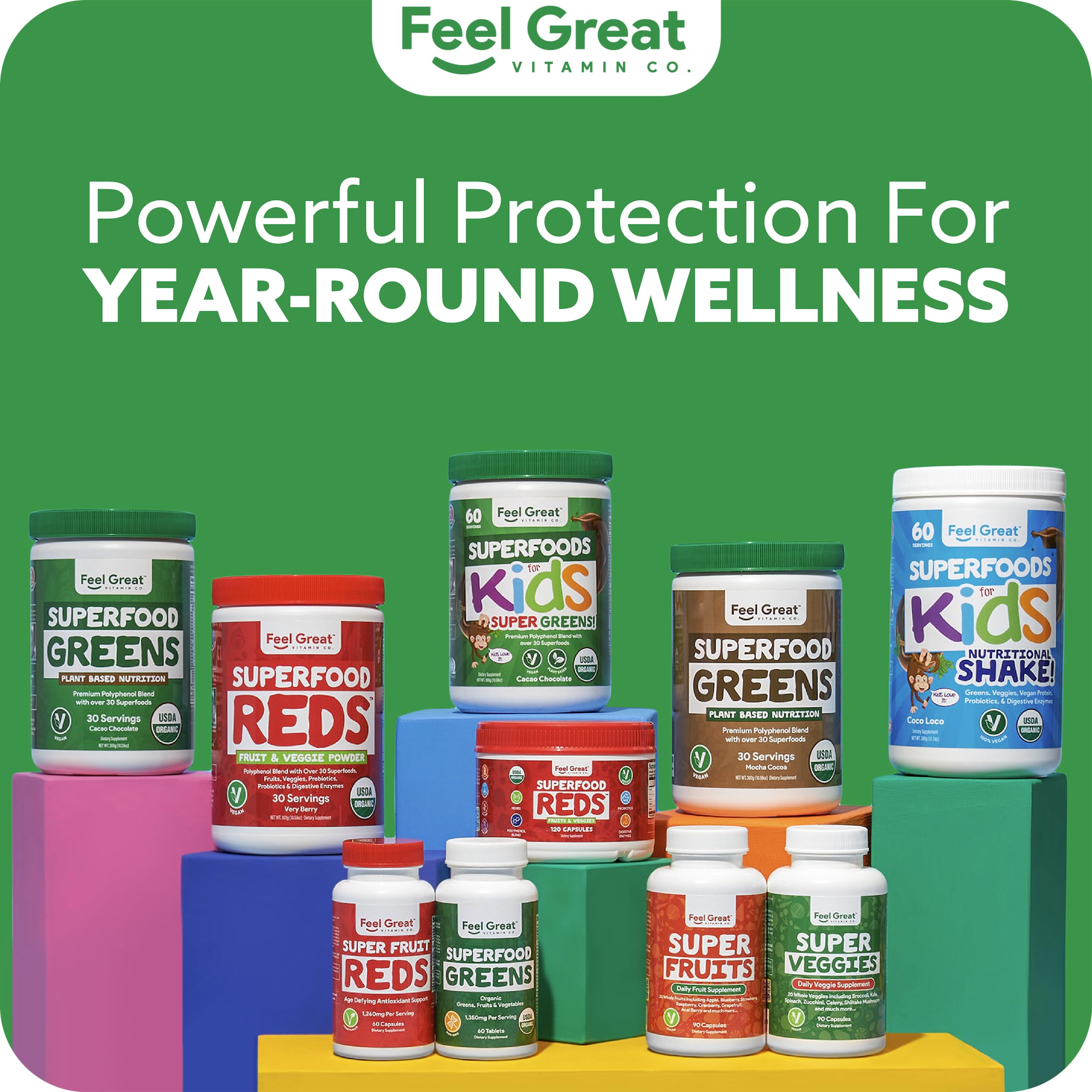 Lifestyle shot of Superfood Reds and Greens Powder on a kitchen counter