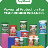 Lifestyle shot of Superfood Reds and Greens Powder on a kitchen counter