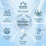 Lifestyle shot of Totaria Multi Collagen Complex with a glass of water