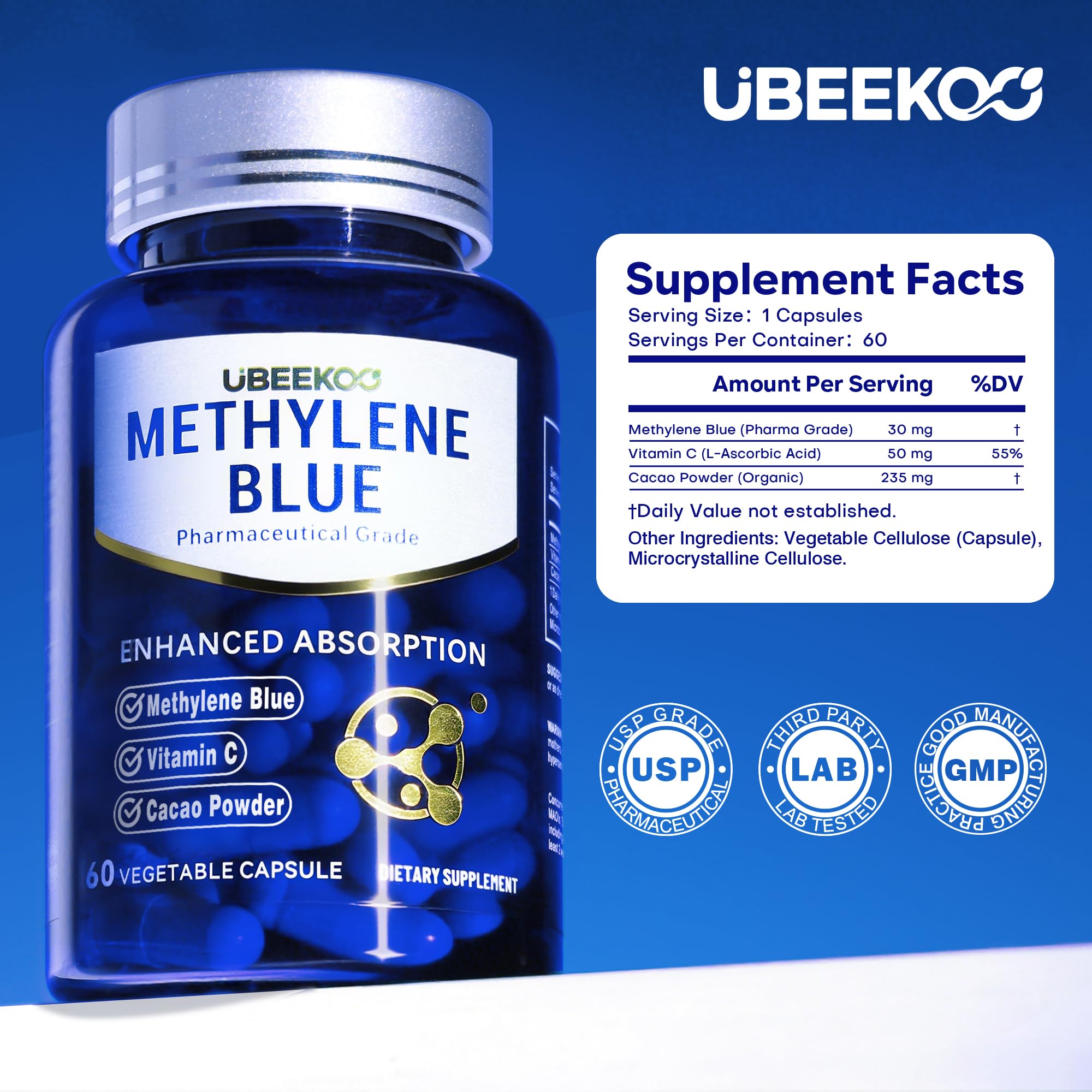 Lifestyle shot of UBEEKOO Methylene Blue Supplement on a kitchen counter