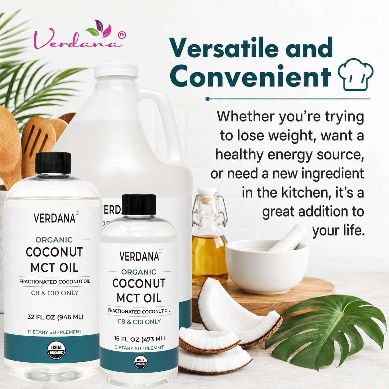 Lifestyle shot of Verdana Coconut MCT Oil in a kitchen setting