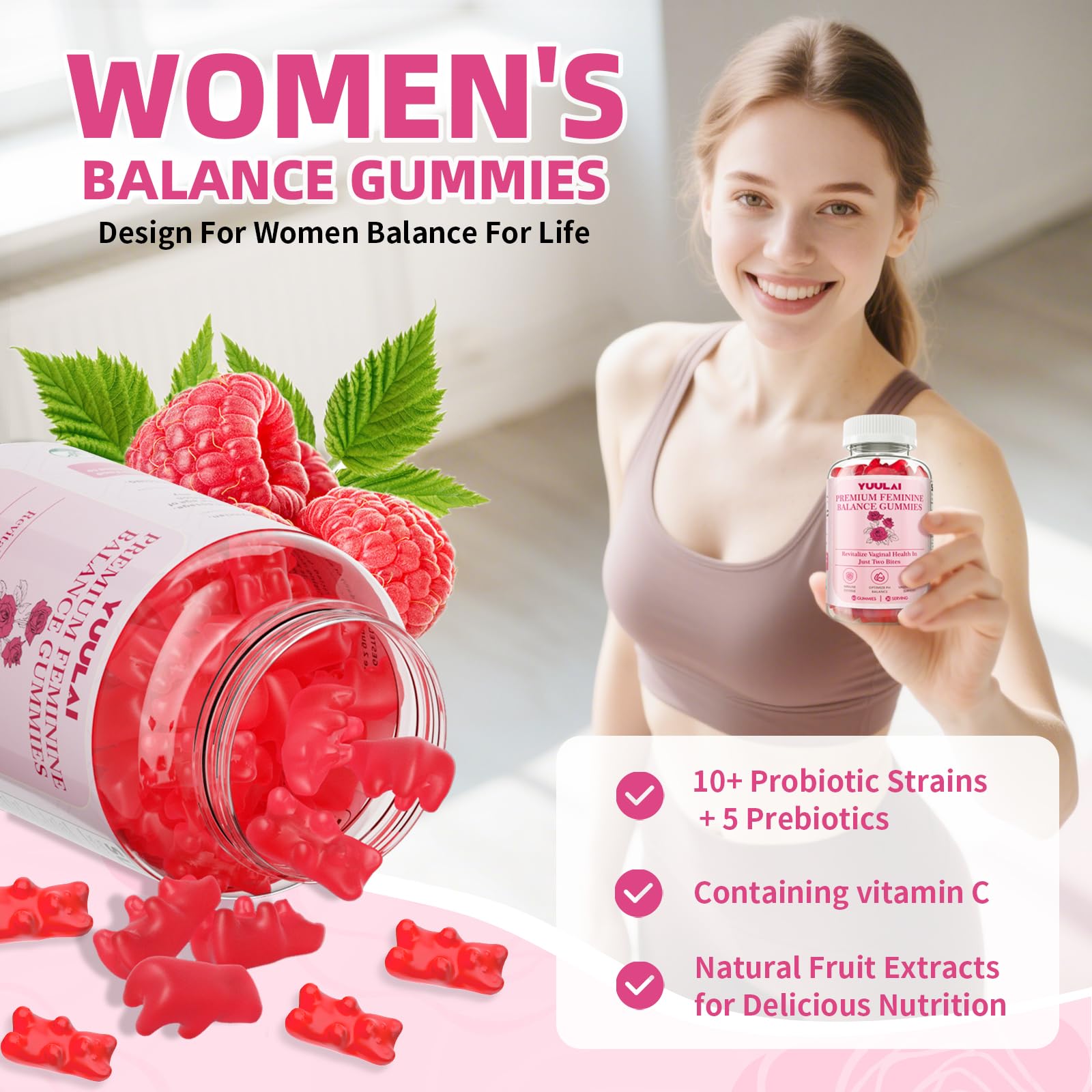 Lifestyle shot of YUULAI Feminine Balance Gummies on a table