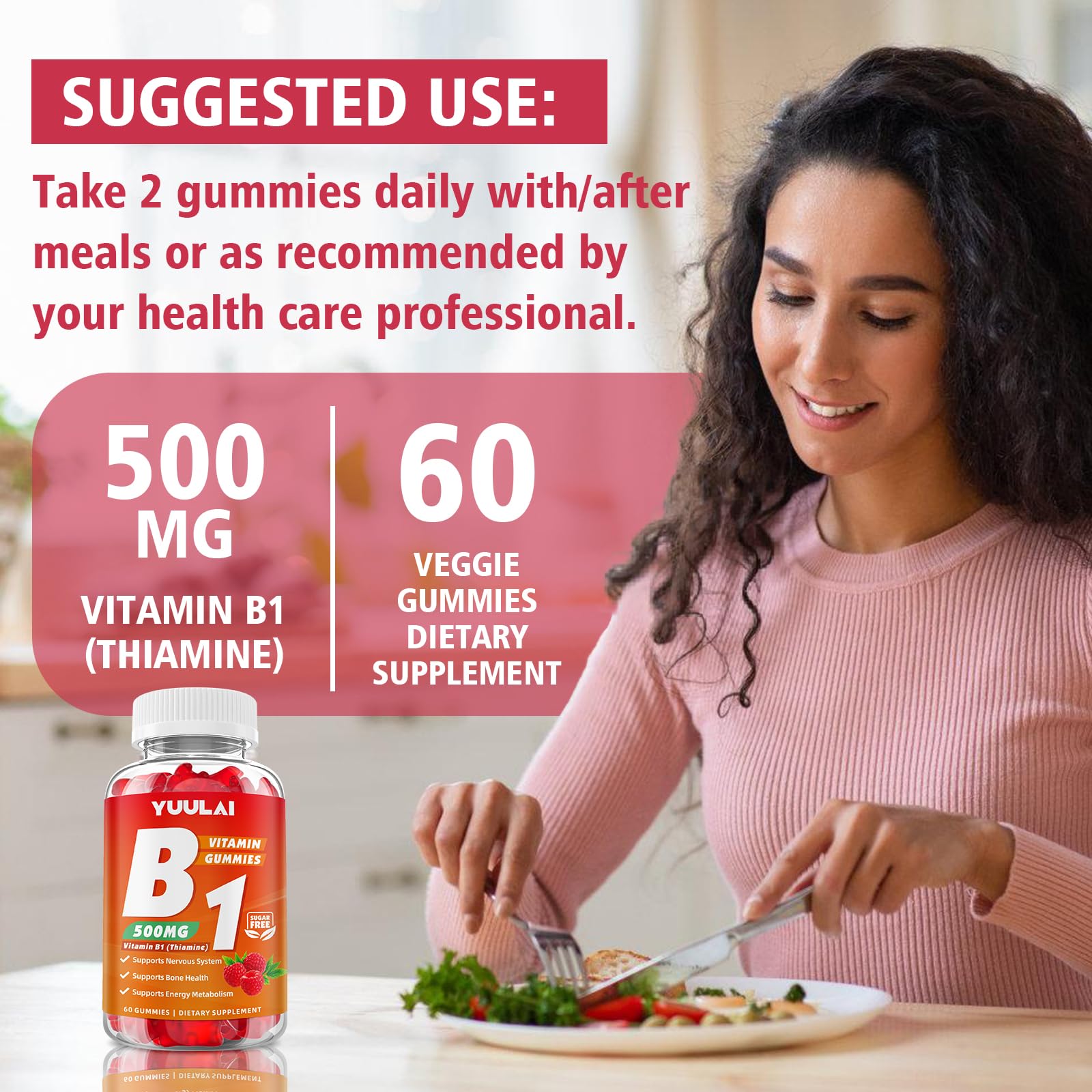 Lifestyle shot of YUULAI Vitamin B1 Gummies with fruits