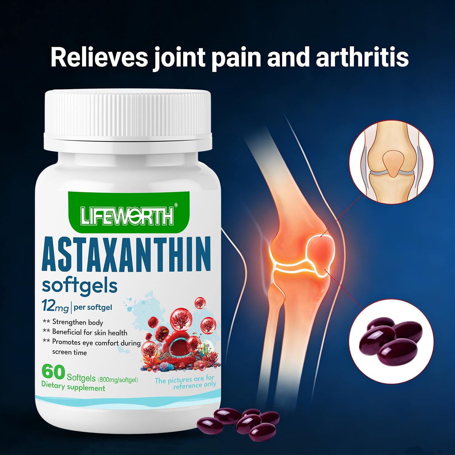 LIFEWORTH Astaxanthin Softgels 12mg with measurement scale