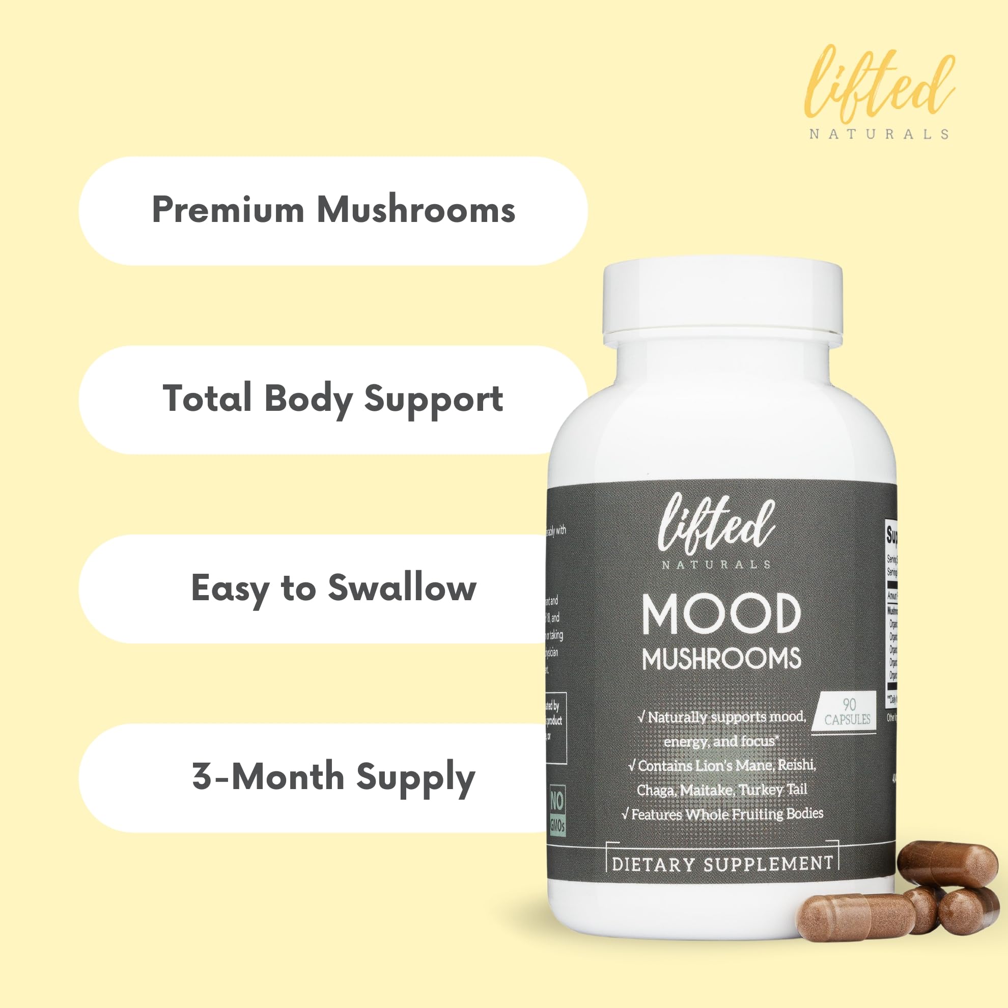Lifted Naturals Mood Mushrooms 109g with measuring spoon