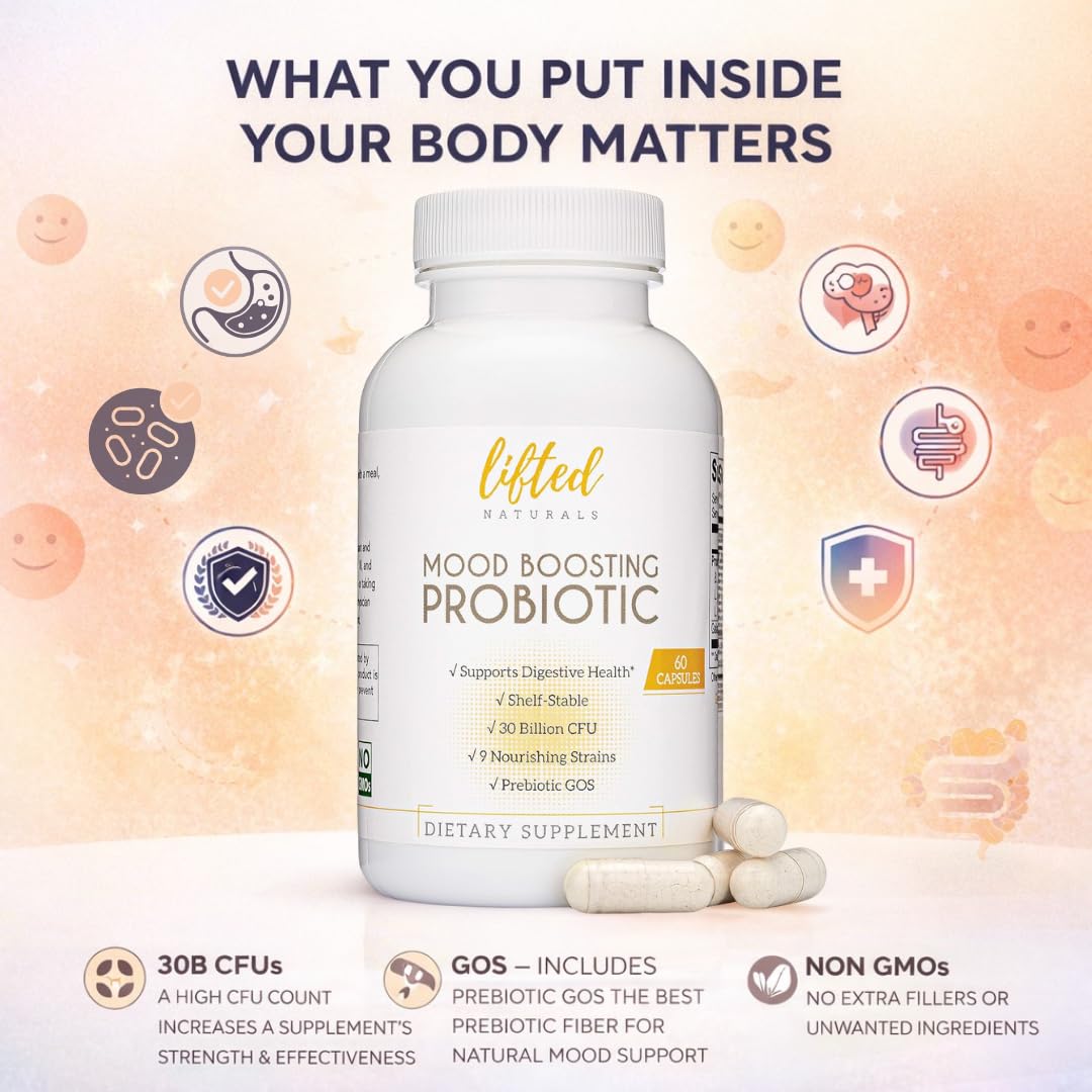 Lifted Naturals Mood Probiotic capsules with a glass of water
