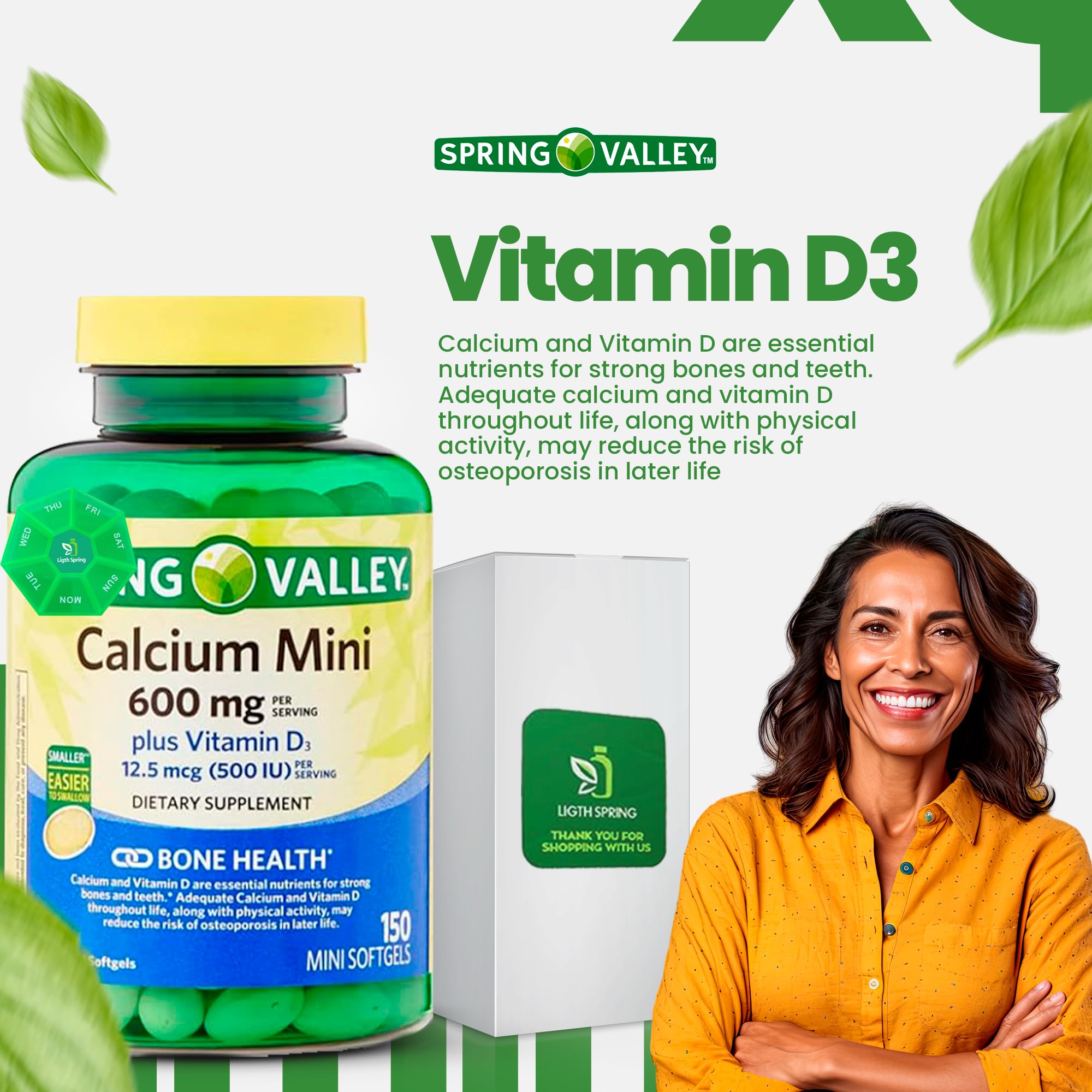 LightSpring Calcium Plus Vitamin D3 Mini Softgels on a wooden table