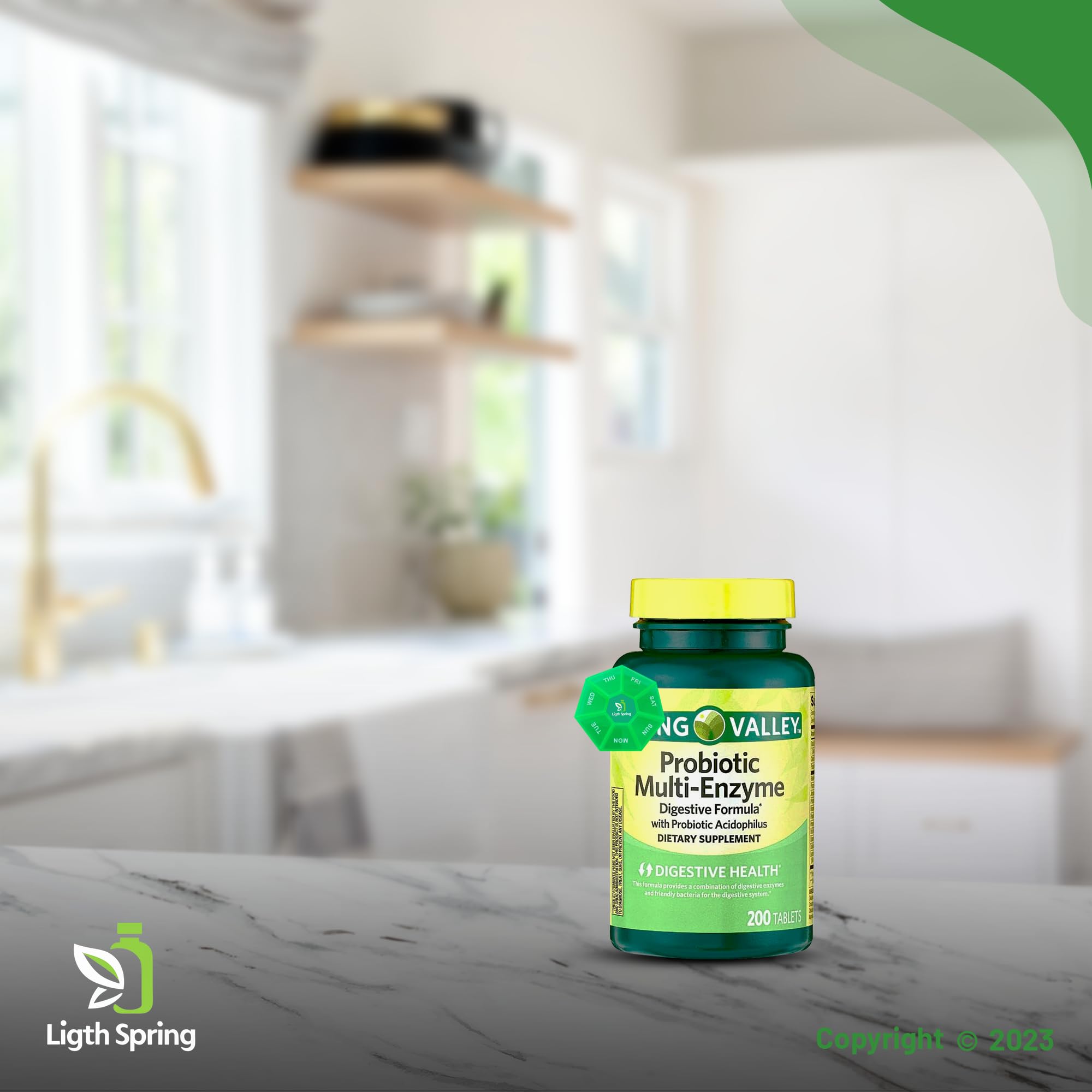 LightSpring Multi-Enzyme Probiotic 200 Tablets on a wooden table