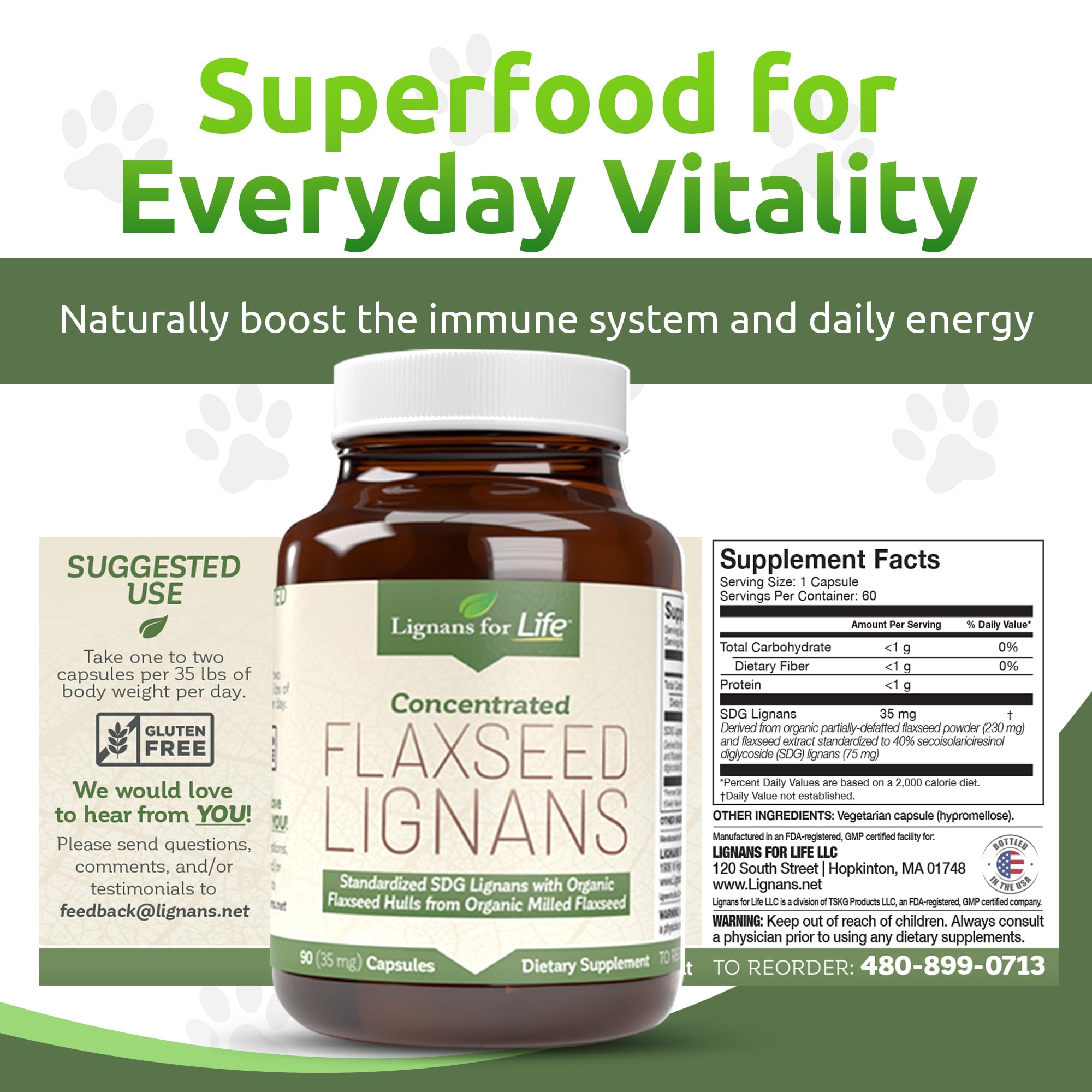 Lignans For Life Flaxseed Lignans Capsules on a wooden table