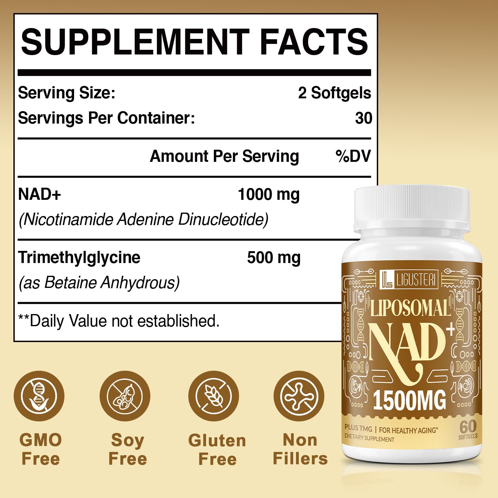 LIGUSTERI Liposomal NAD+ with TMG 500mg capsule side view