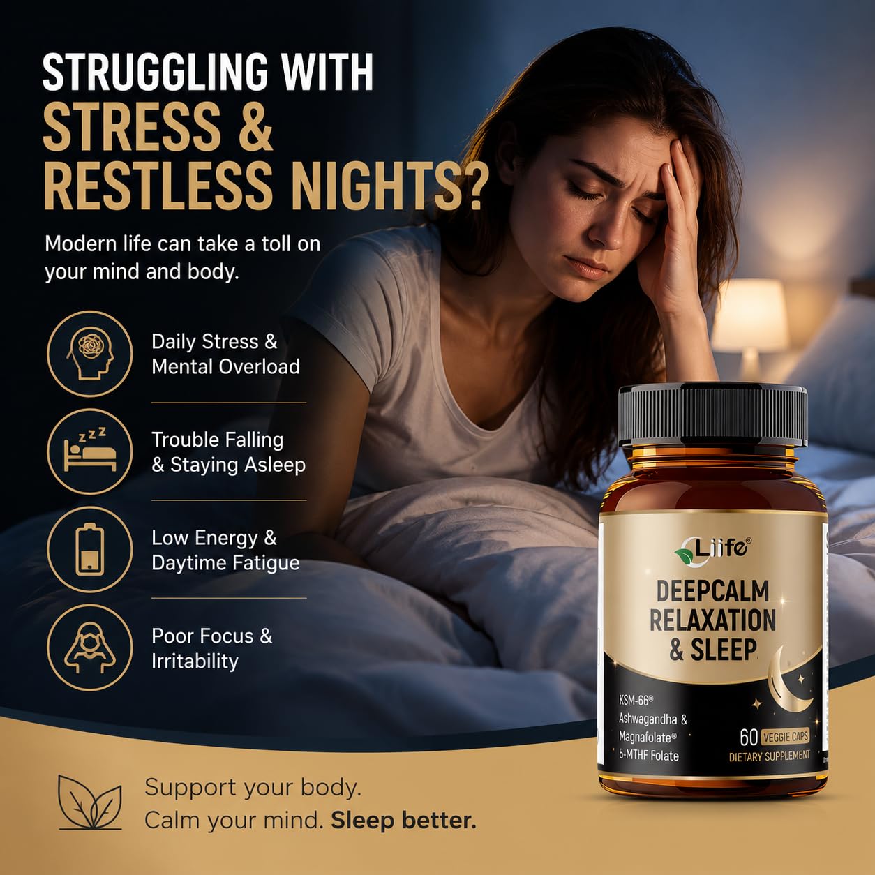 LIIFE DeepCalm daily wellness & Sleep capsule bottle side view