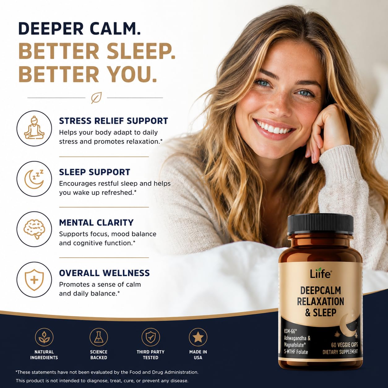 LIIFE DeepCalm daily wellness & Sleep capsules on a wooden table