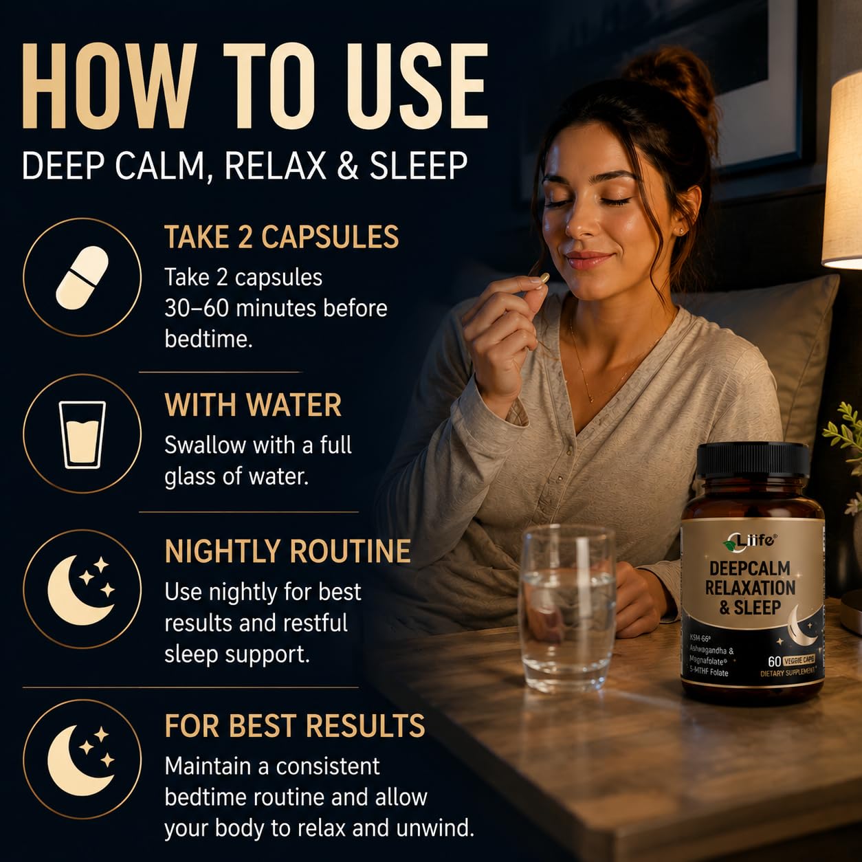 LIIFE DeepCalm daily wellness & Sleep capsules with a measuring spoon