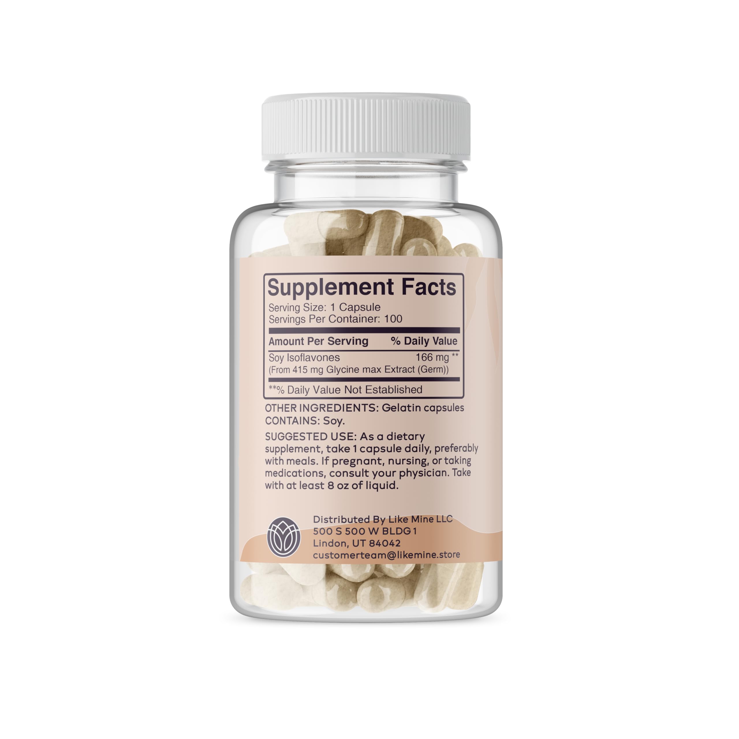 Like Mine Soy Isoflavones Capsules side view with dosage information