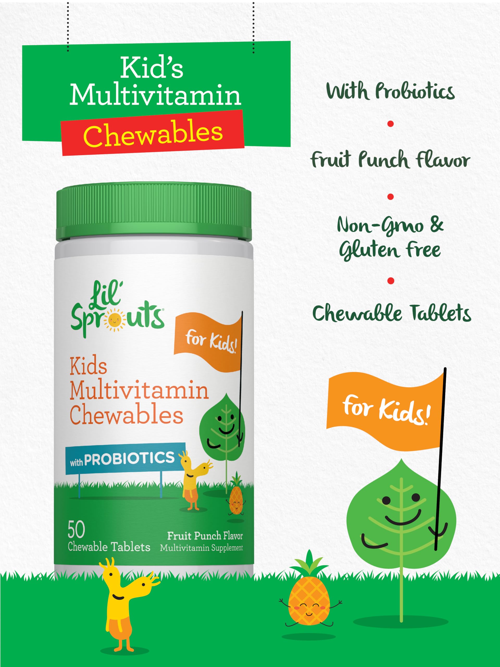 Lil' Sprouts Kids Multivitamin Chewables on a table with fruits