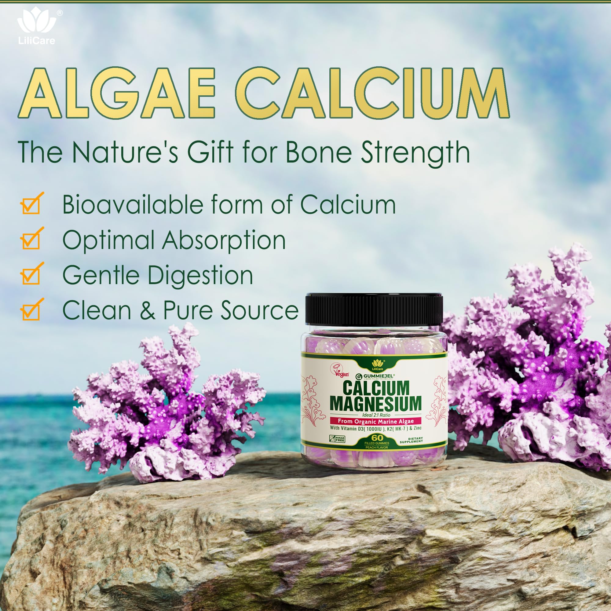 LILICARE Algae Calcium Gummies back view with nutritional information