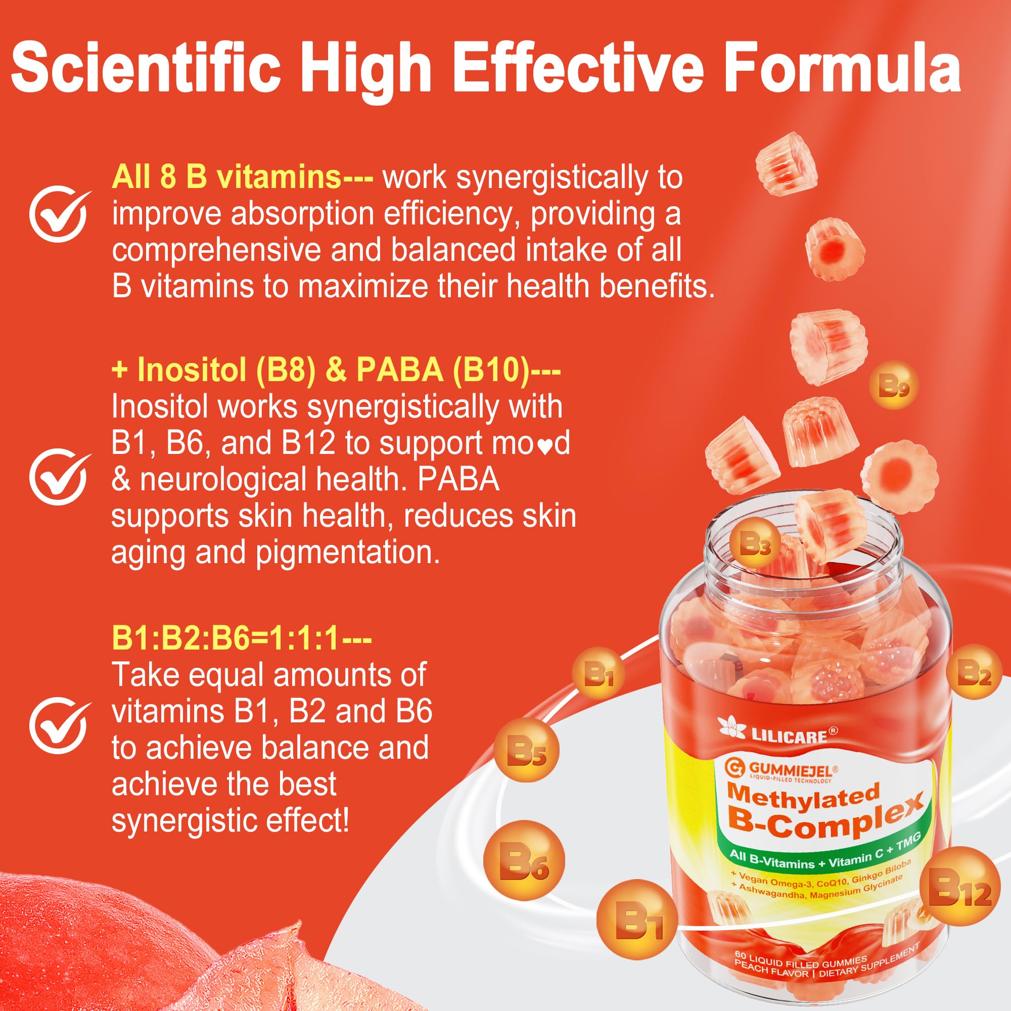 LILICARE B-Complex Gummies with a hand holding a gummy
