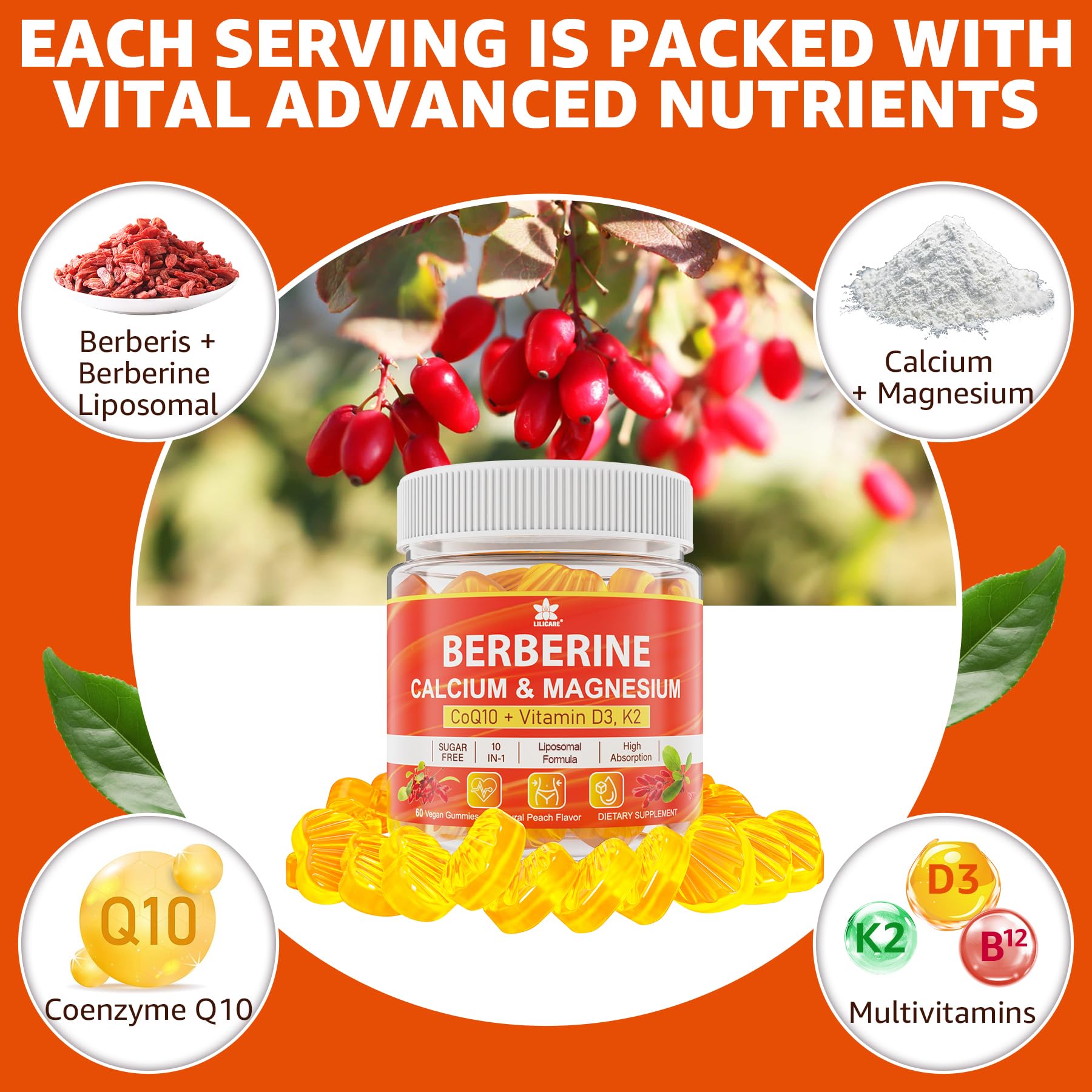 LILICARE Berberine Gummies with fresh fruit background