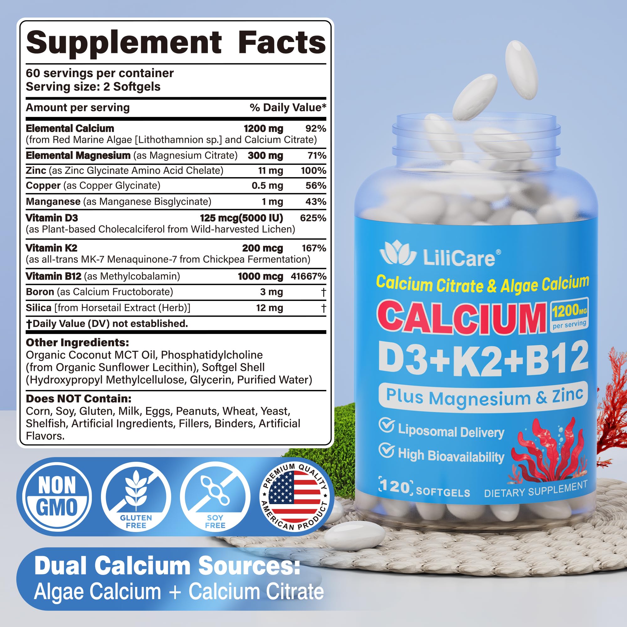 LILICARE Calcium Supplement 1200mg softgel back view