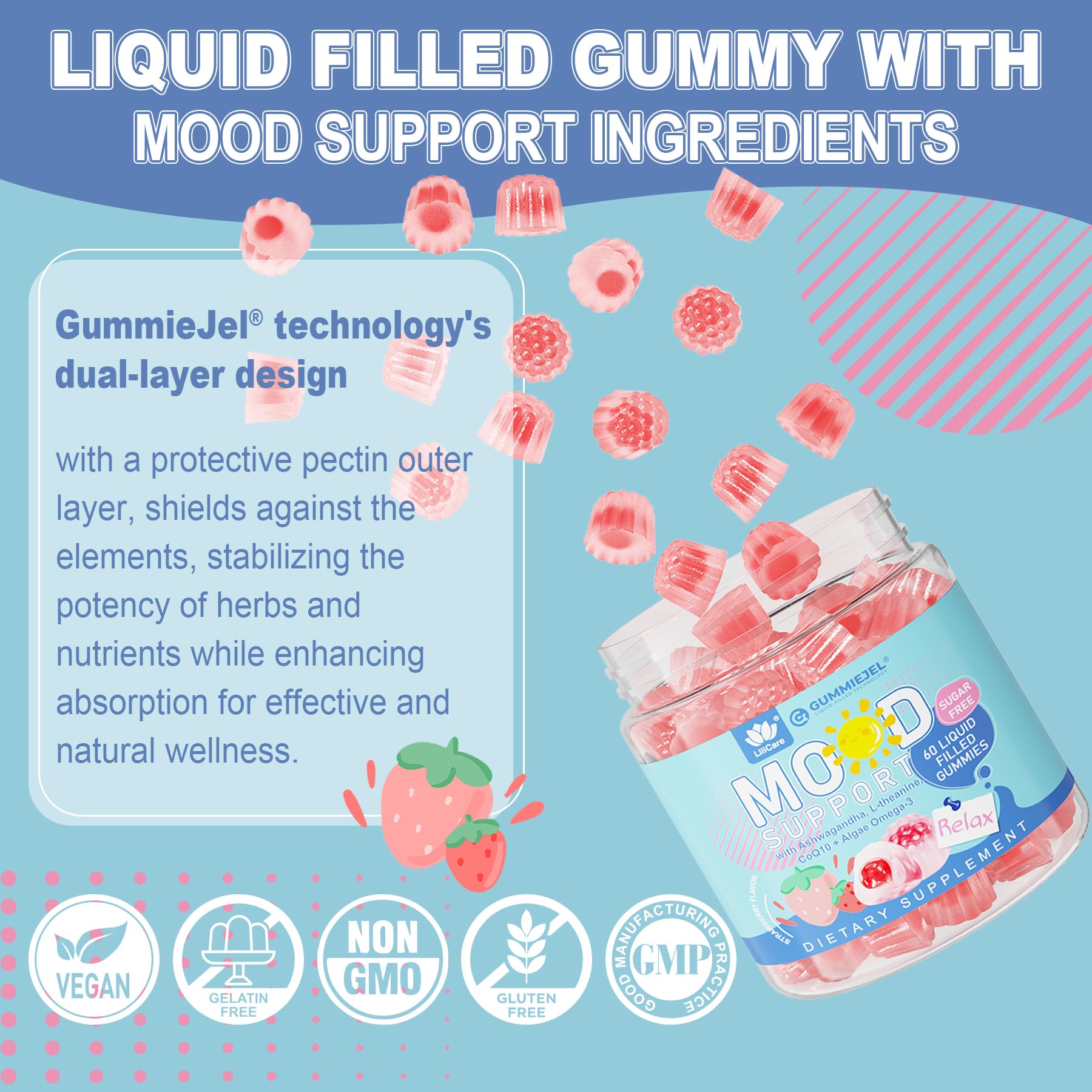 LILICARE Calm Gummies in a bowl with fresh strawberries