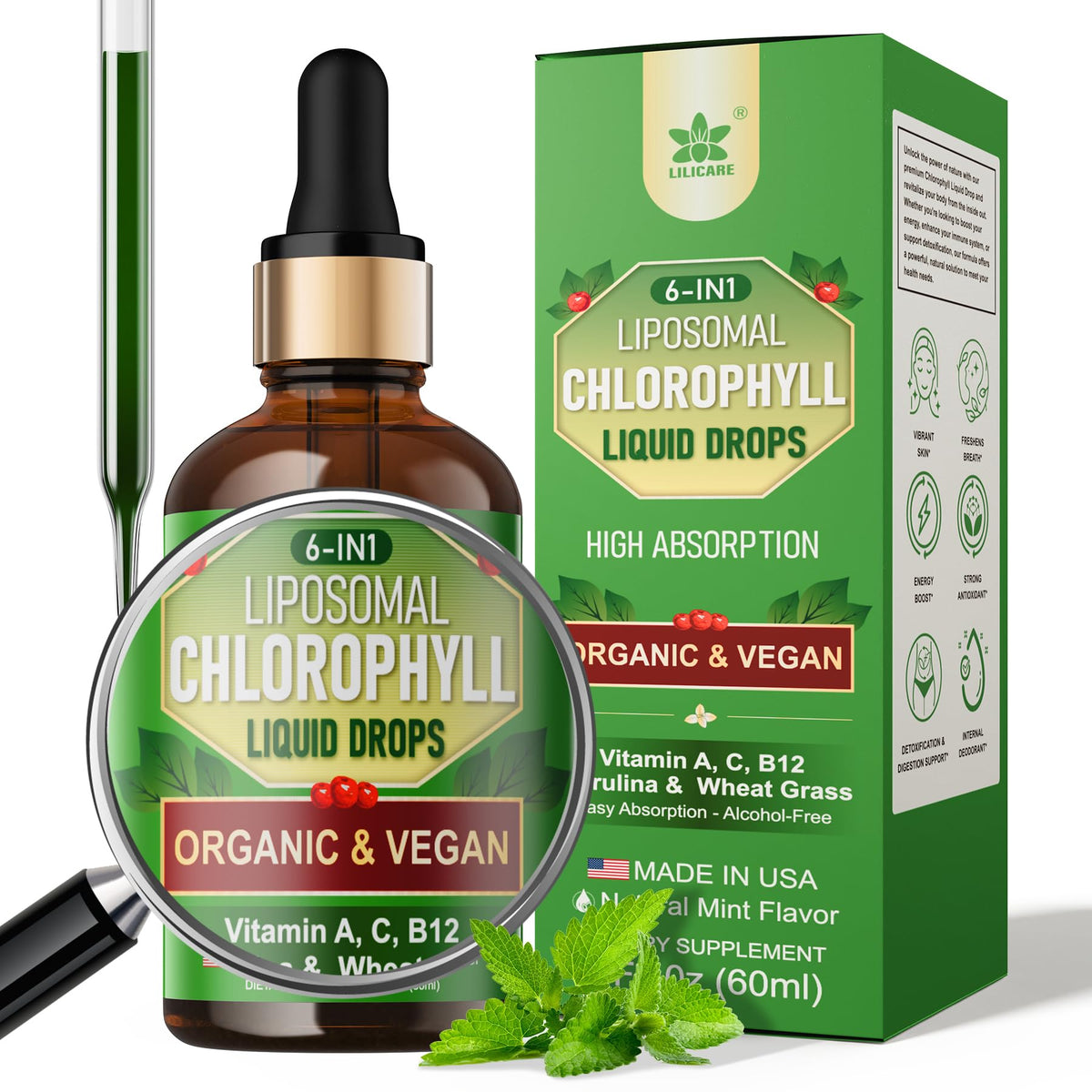 LILICARE Chlorophyll 6-IN-1 Super Greens Supplement bottle front view