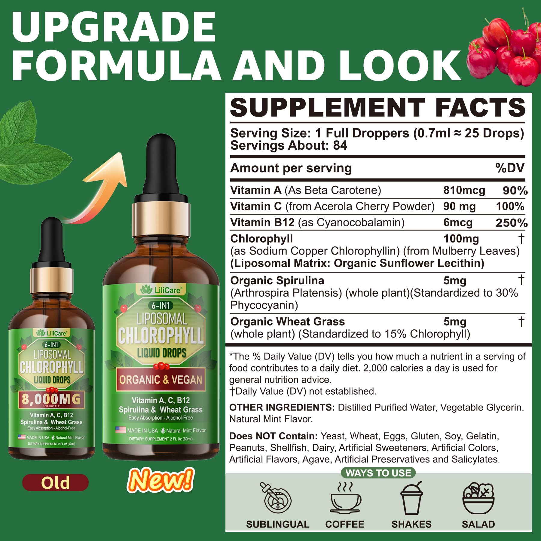 LILICARE Chlorophyll 6-IN-1 Super Greens Supplement label close-up