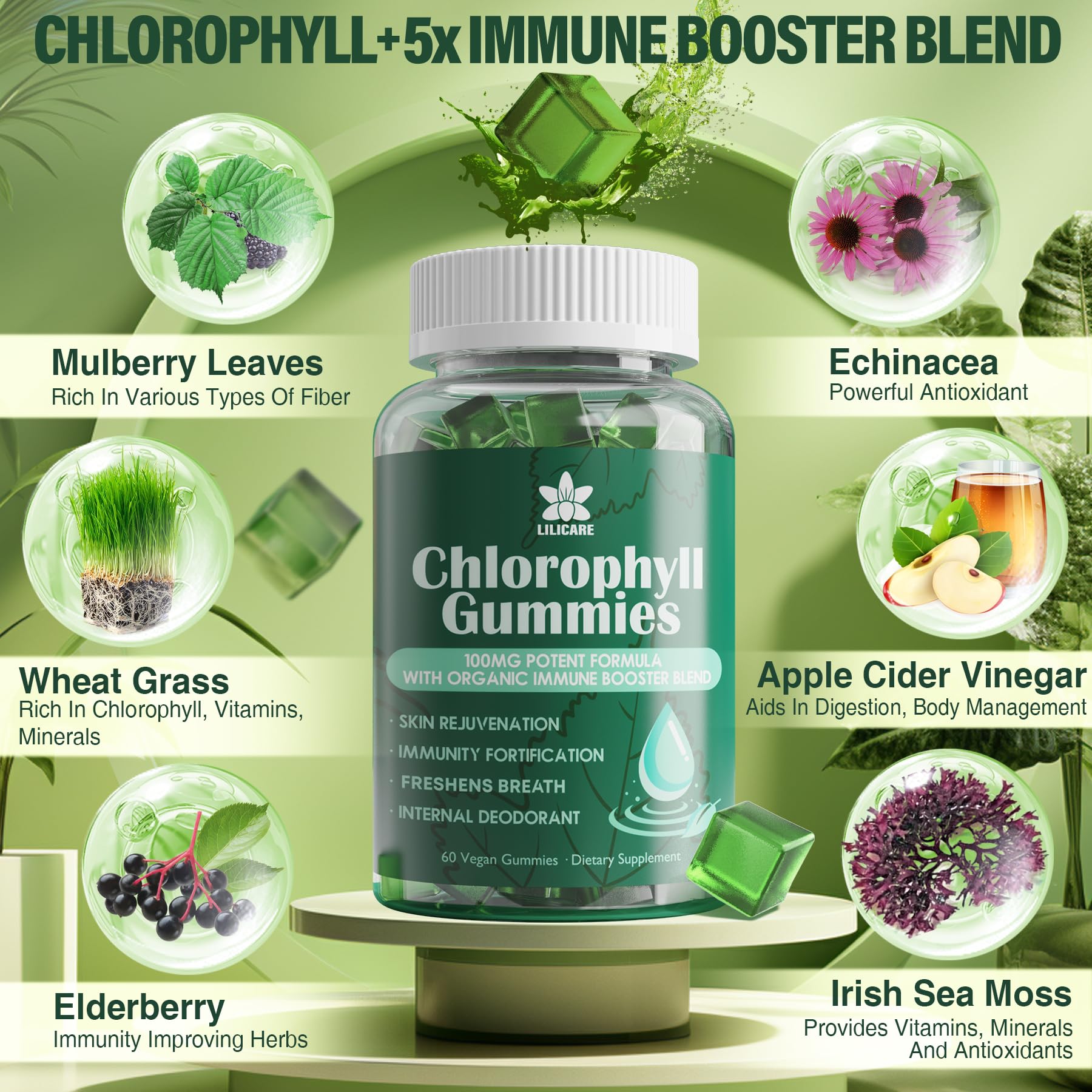 LILICARE Chlorophyll Gummies on a wooden table