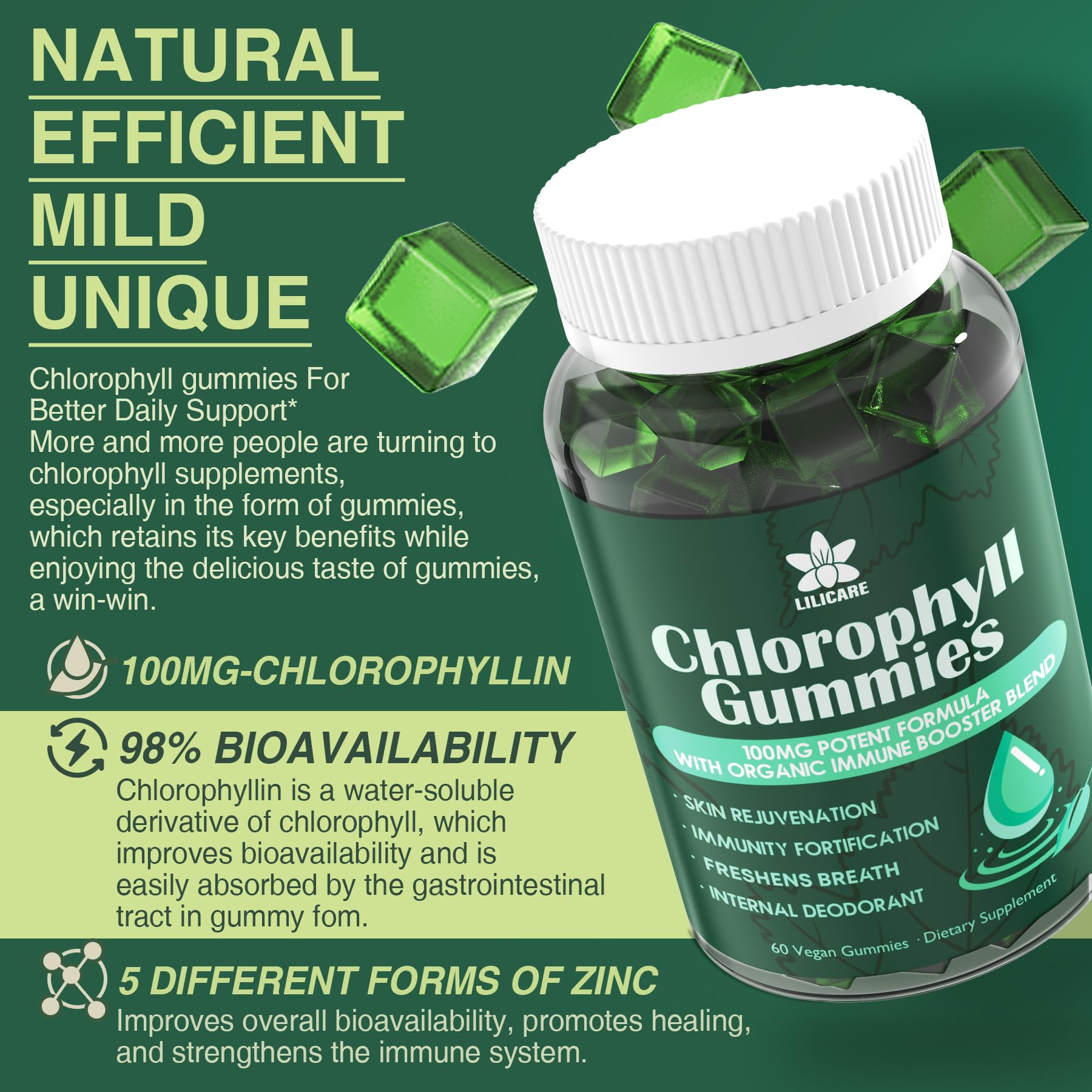 LILICARE Chlorophyll Gummies side view with nutritional information