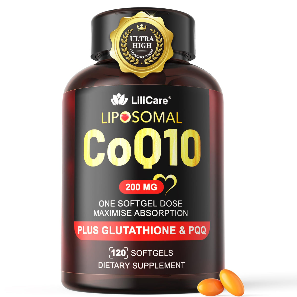 LILICARE CoQ10 200mg liposomal softgels front view