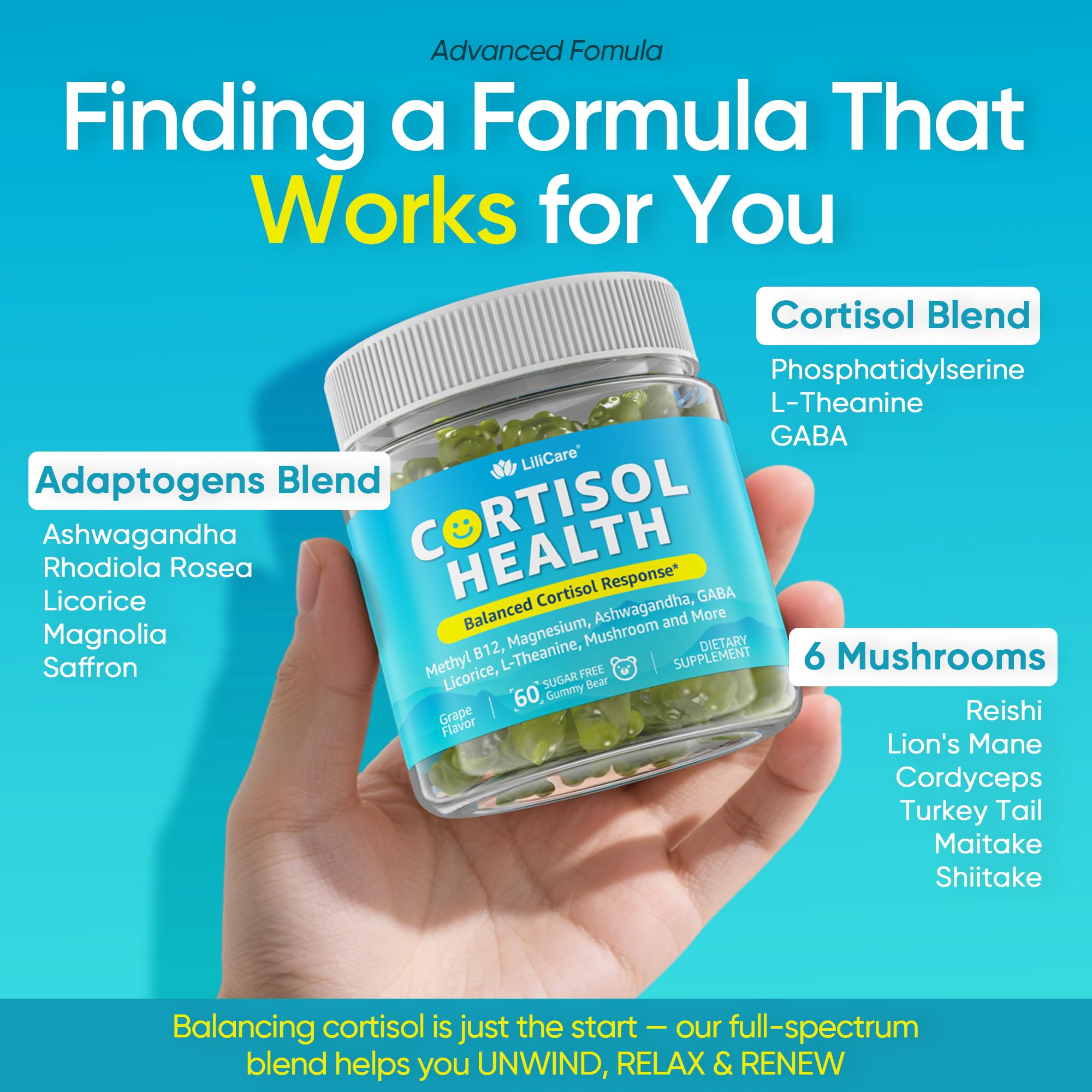 LILICARE Cortisol Gummies displayed with fresh grapes