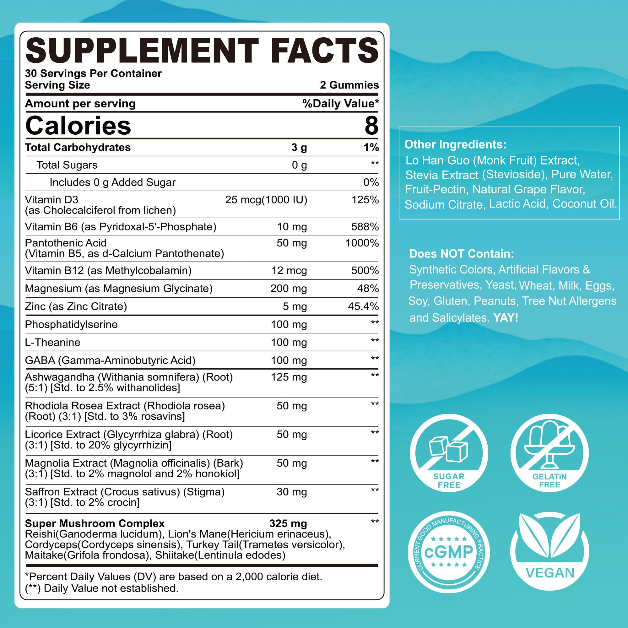 LILICARE Cortisol Gummies side view showing nutritional information
